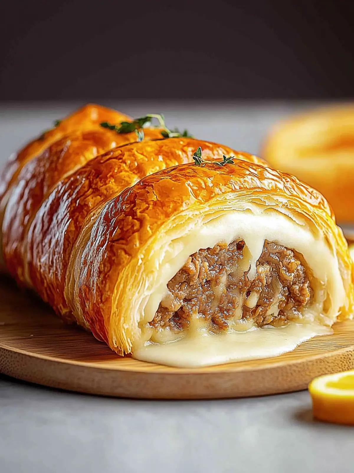 Hackfleisch-Käse-Blätterteig-Rolle