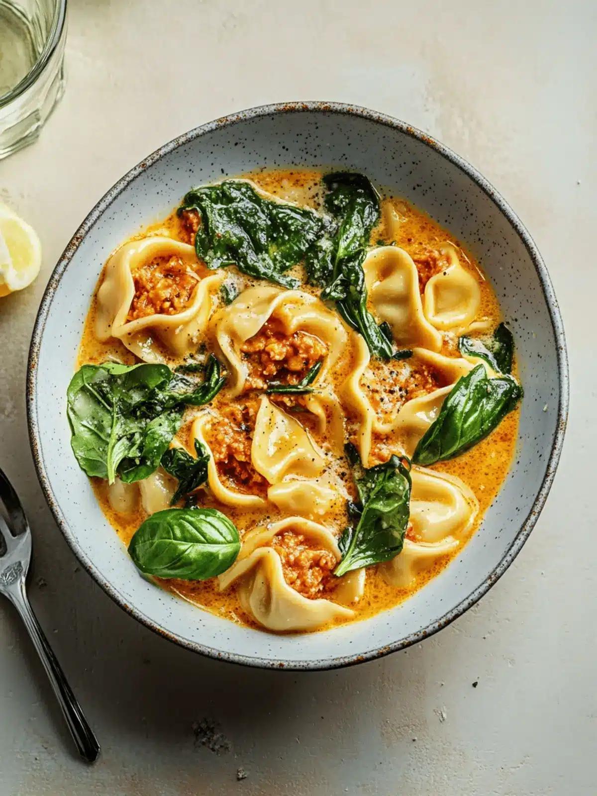 Cremige vegane Tortellini Suppe mit weißen Bohnen und Spinat