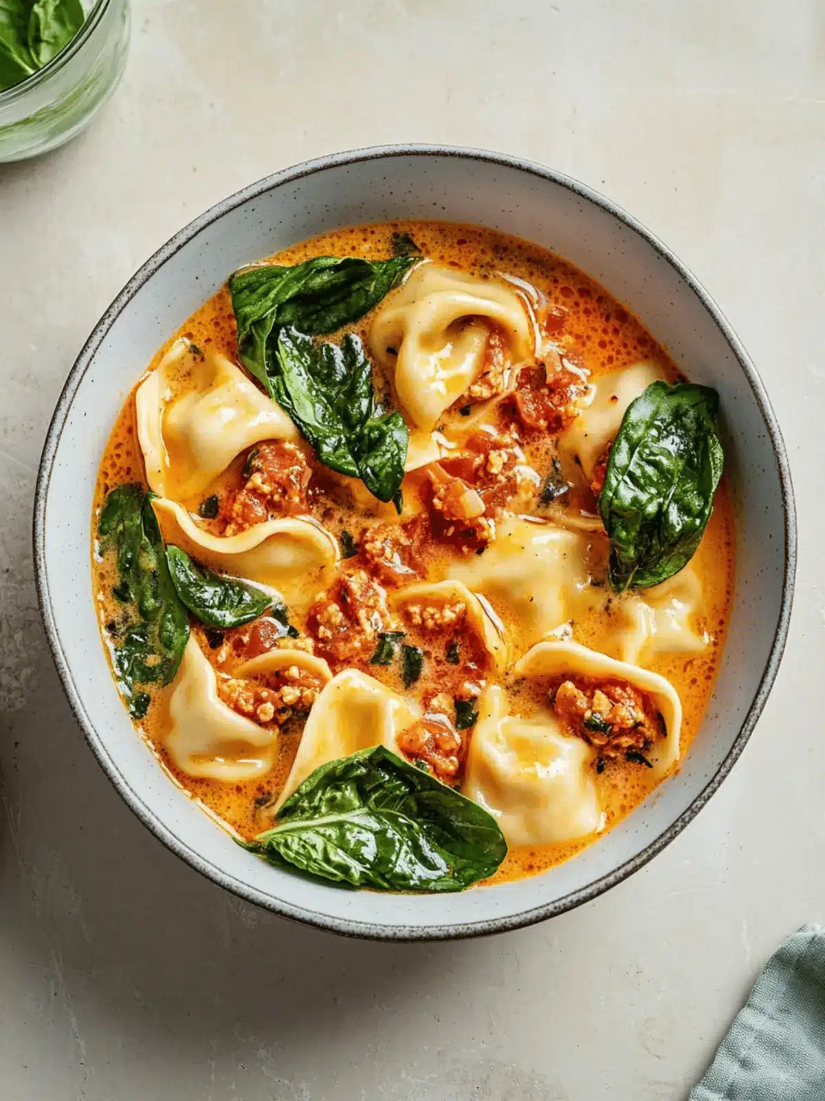 Cremige vegane Tortellini Suppe mit weißen Bohnen und Spinat