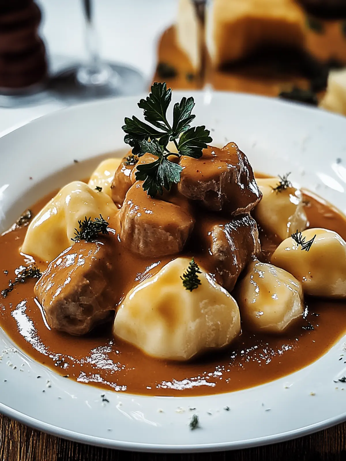 Butterzartes Rahmgulasch mit Serviettenknödel