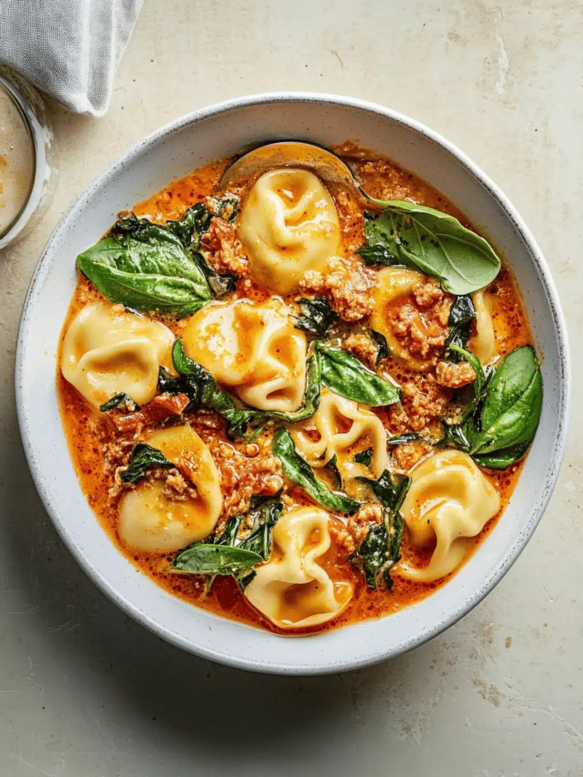 Cremige vegane Tortellini Suppe mit weißen Bohnen und Spinat