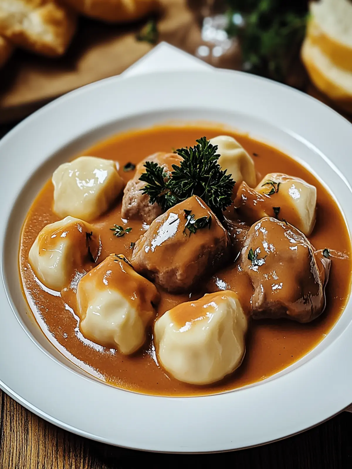 Butterzartes Rahmgulasch mit Serviettenknödel