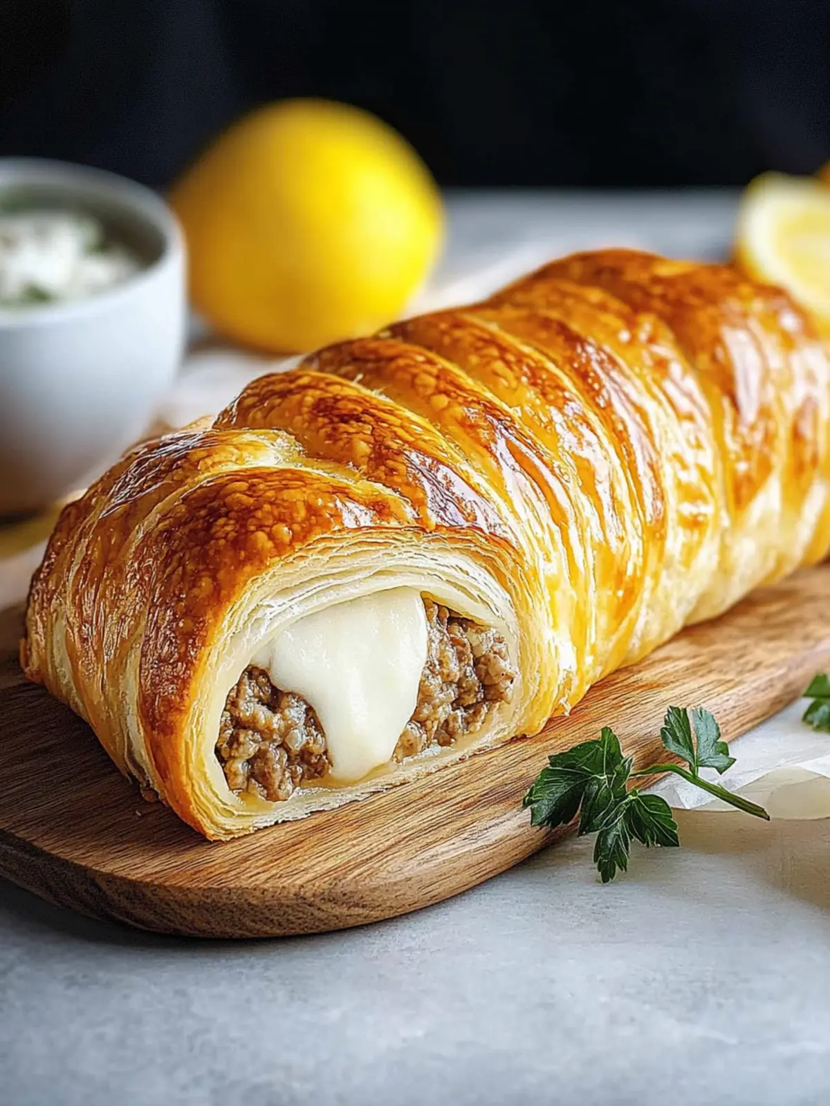 Hackfleisch-Käse-Blätterteig-Rolle