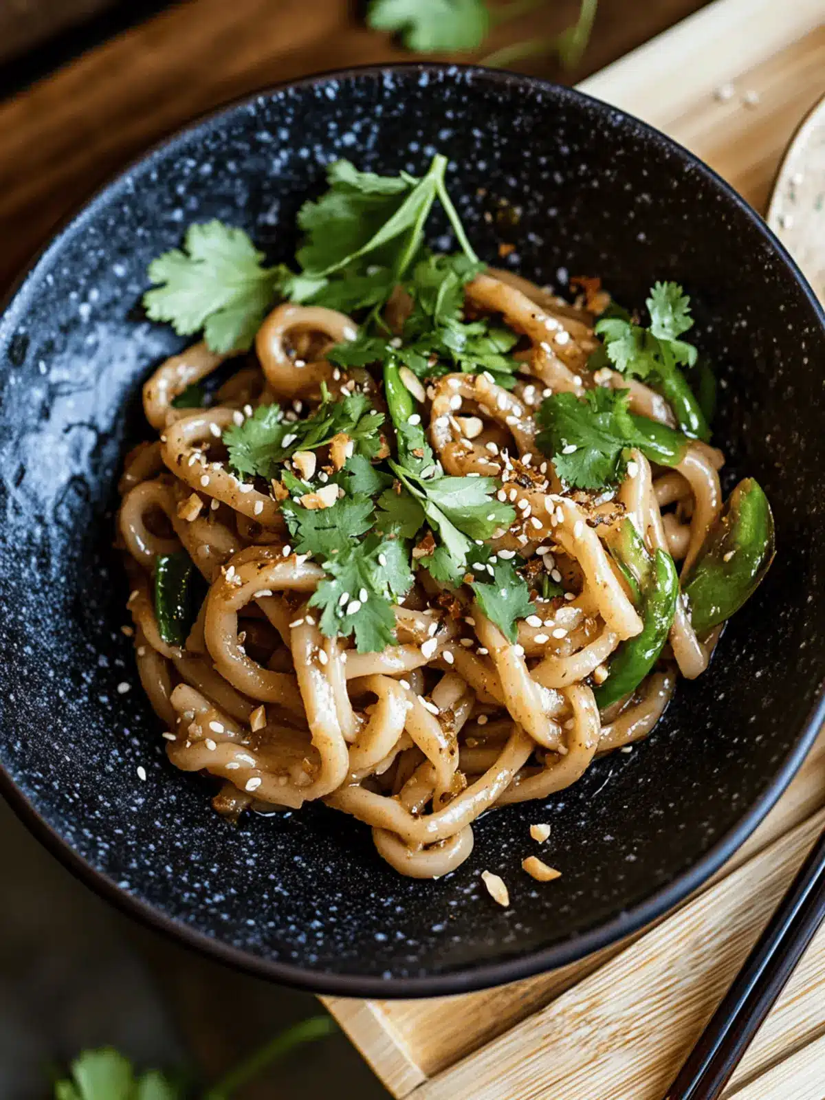 Asian Udon Noodle Stir-Fry with Peanut Sauce and Chili