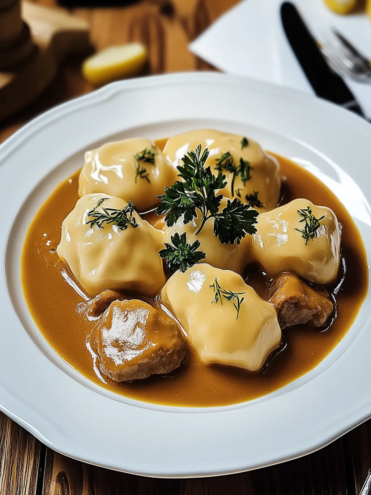 Butterzartes Rahmgulasch mit Serviettenknödel