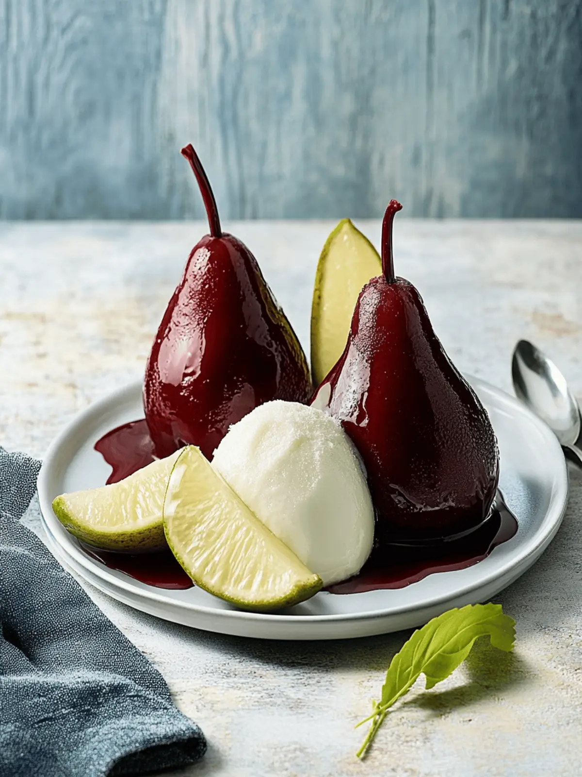 Pears in red wine with vanilla ice cream