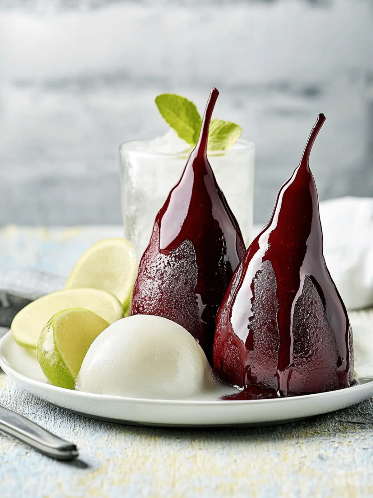 Pears in red wine with vanilla ice cream