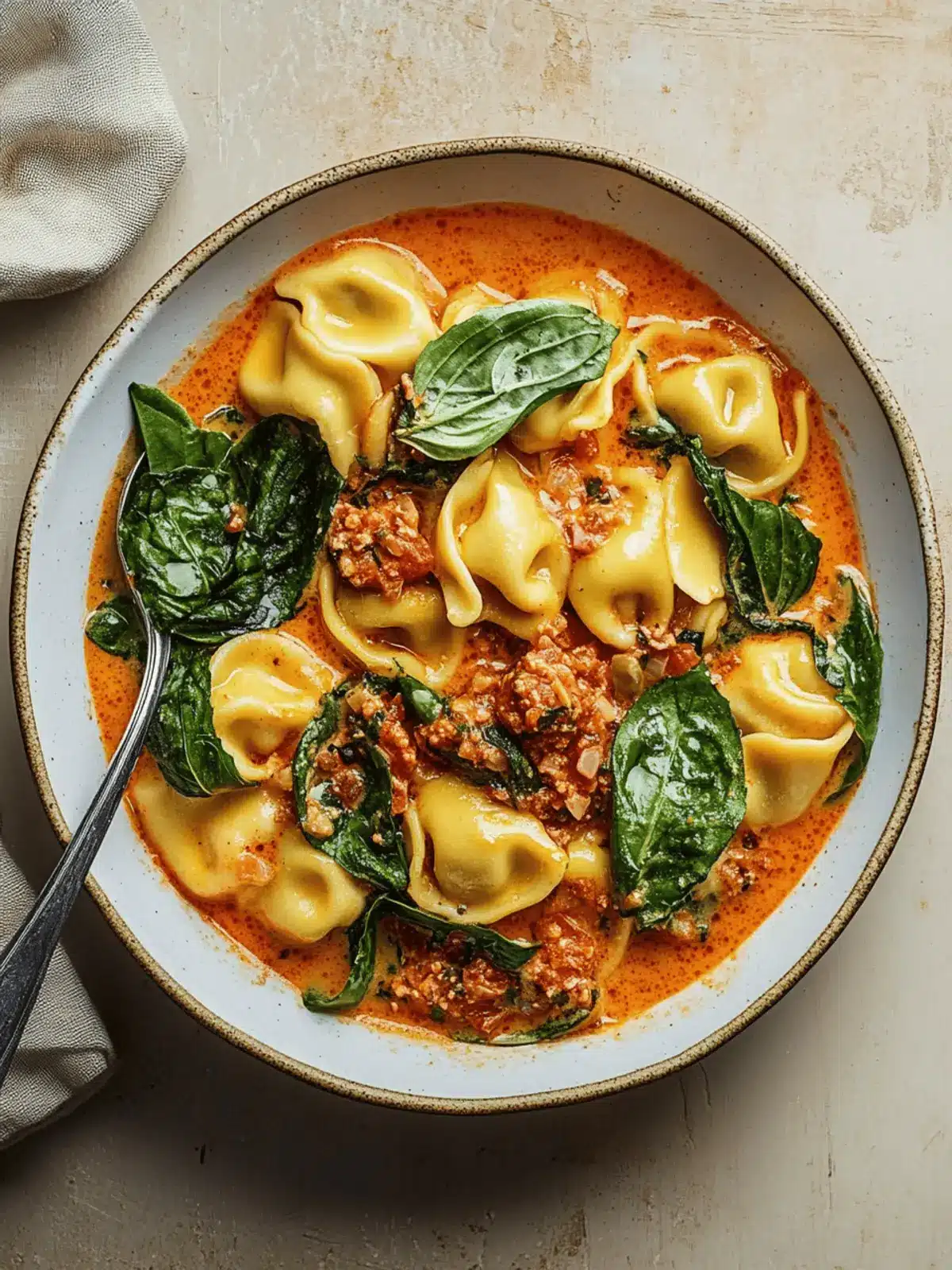 Cremige vegane Tortellini Suppe mit weißen Bohnen und Spinat