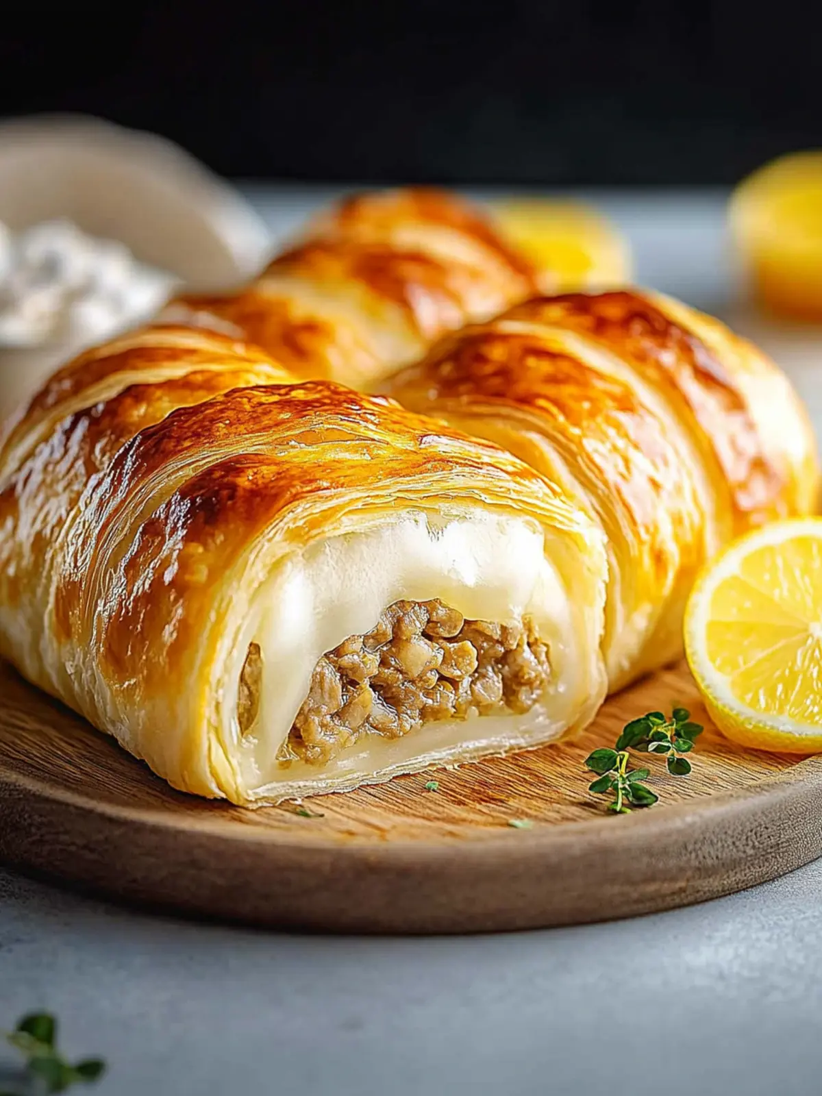 Hackfleisch-Käse-Blätterteig-Rolle