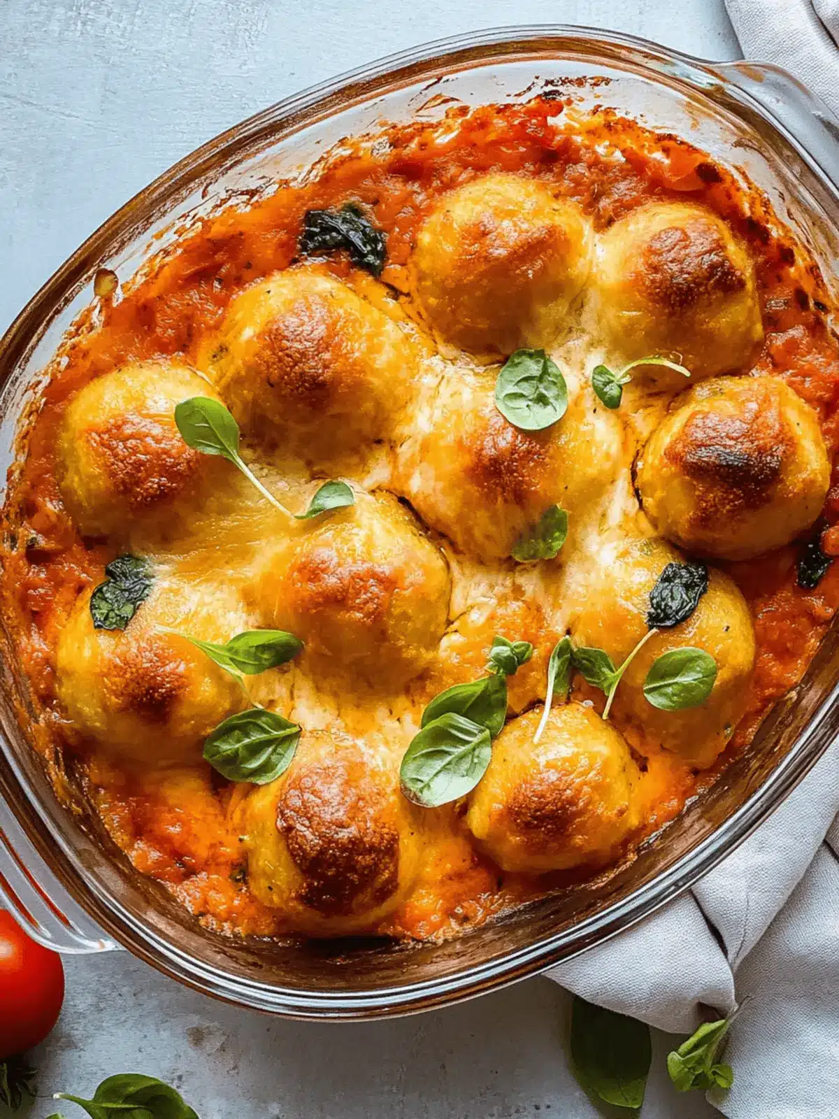 Knödelauflauf mit Spinat, Tomaten und Mozzarella