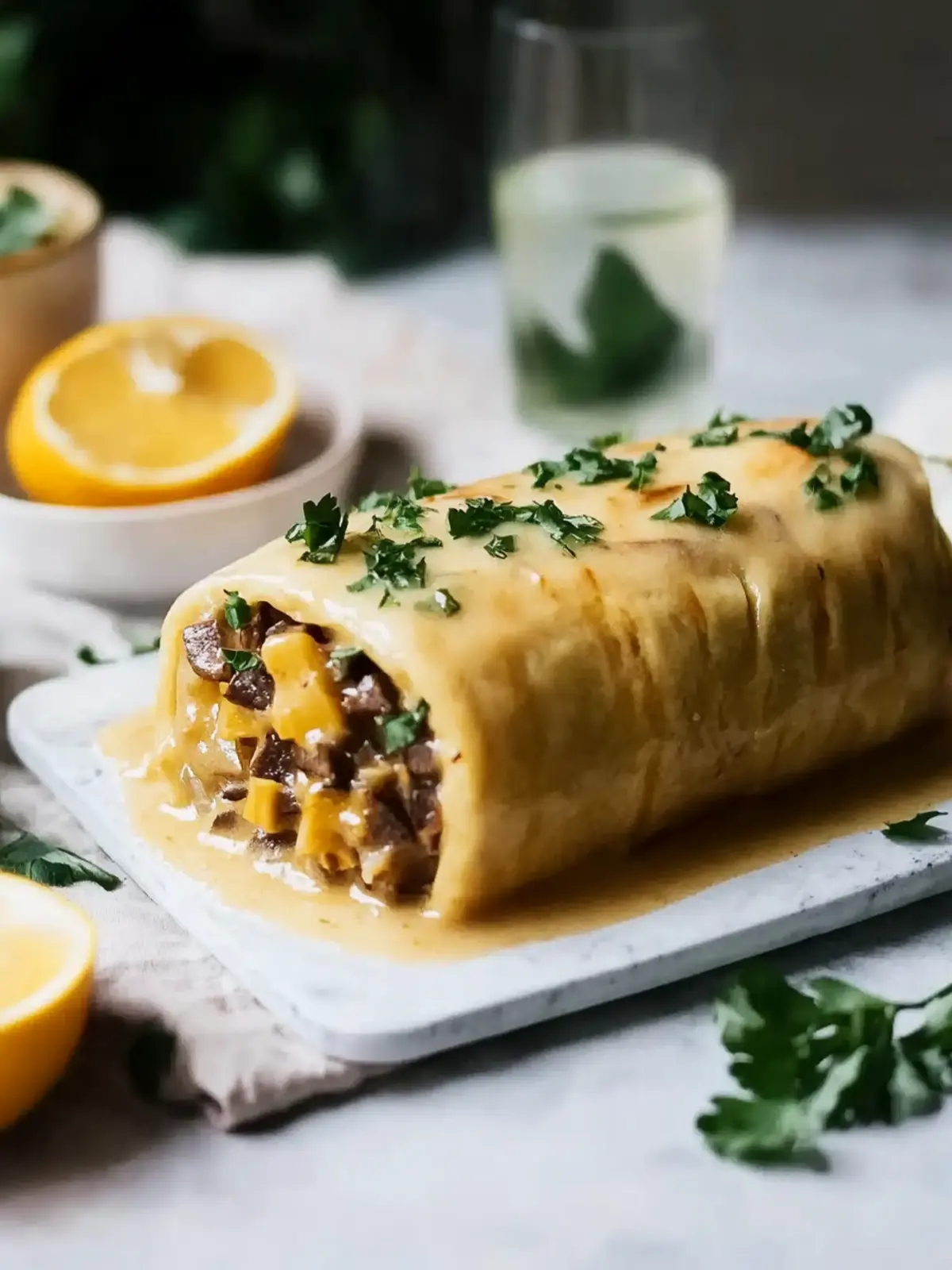 Vegan potato roll with mushroom-nut filling and cream sauce
