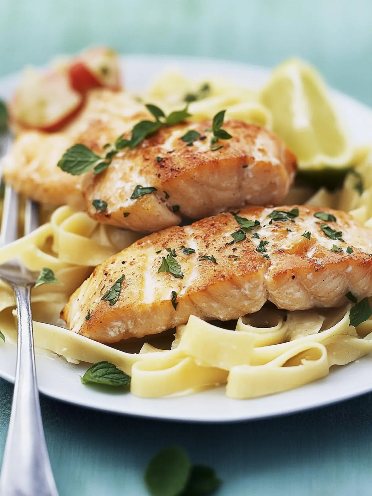 Grilled salmon fillet with wide noodles