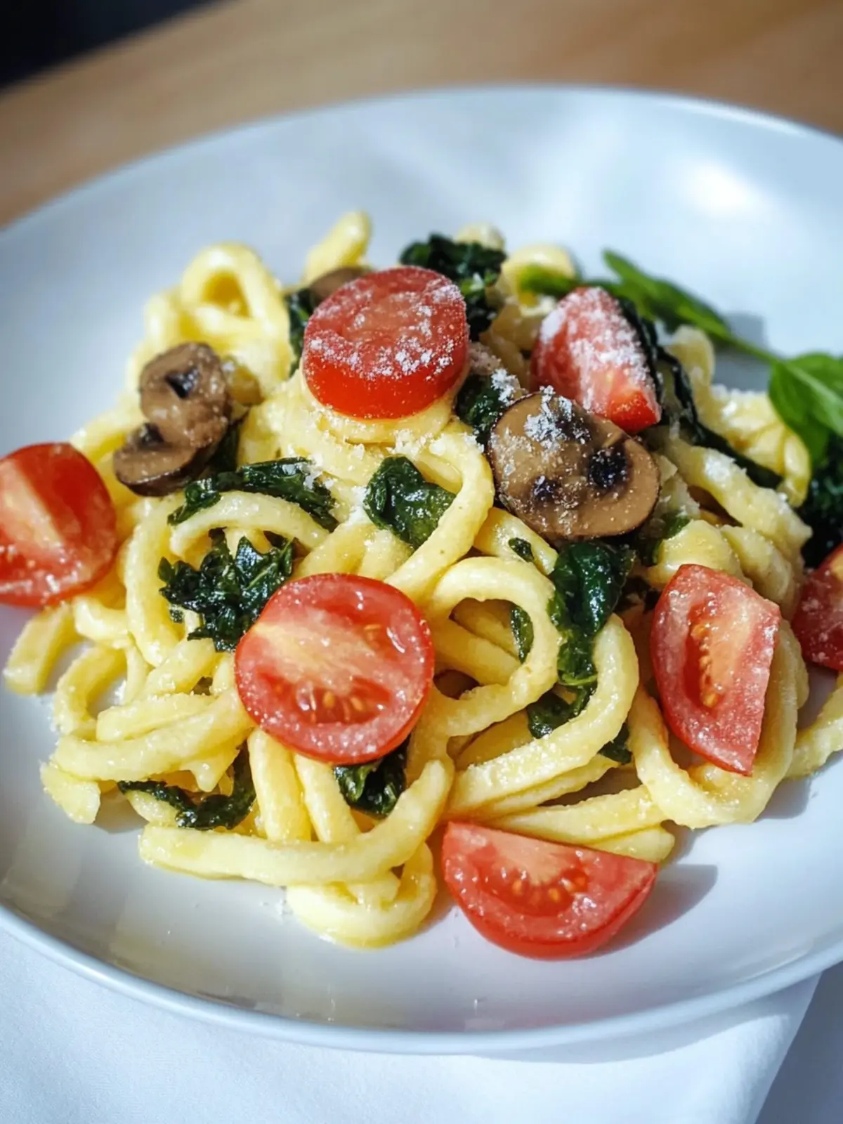 Spätzlepfanne mit Spinat und Champignons