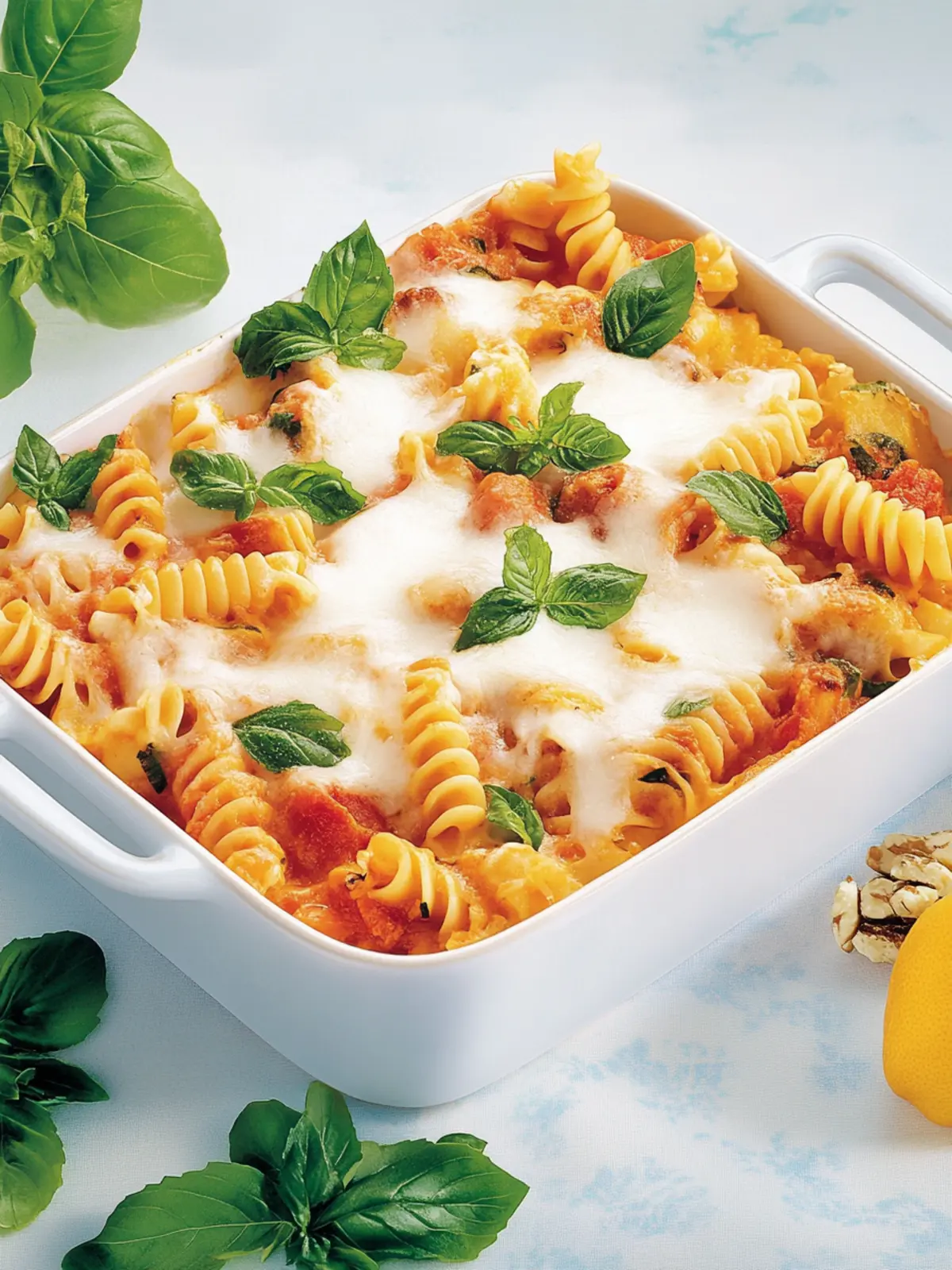 Nudelauflauf Tomate-Mozzarella mit Spinat