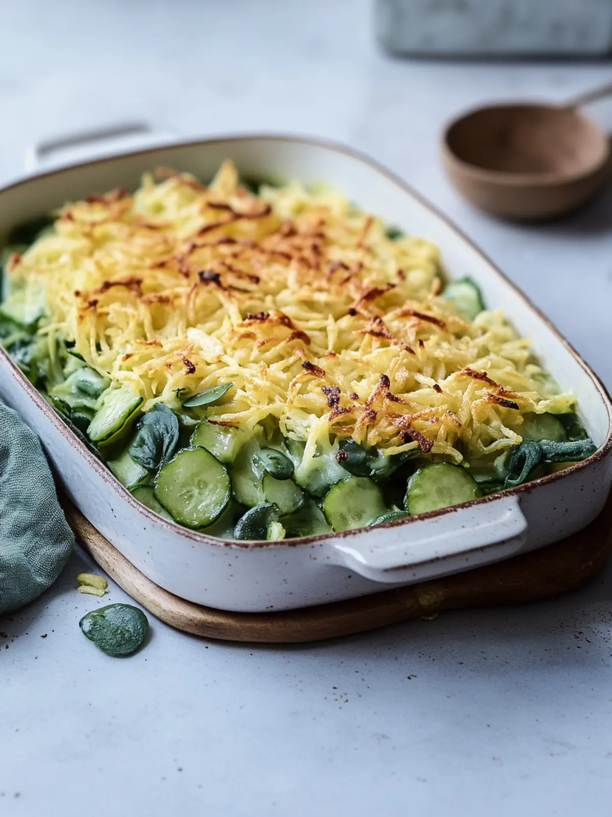 Spinach noodles casserole with fried onions