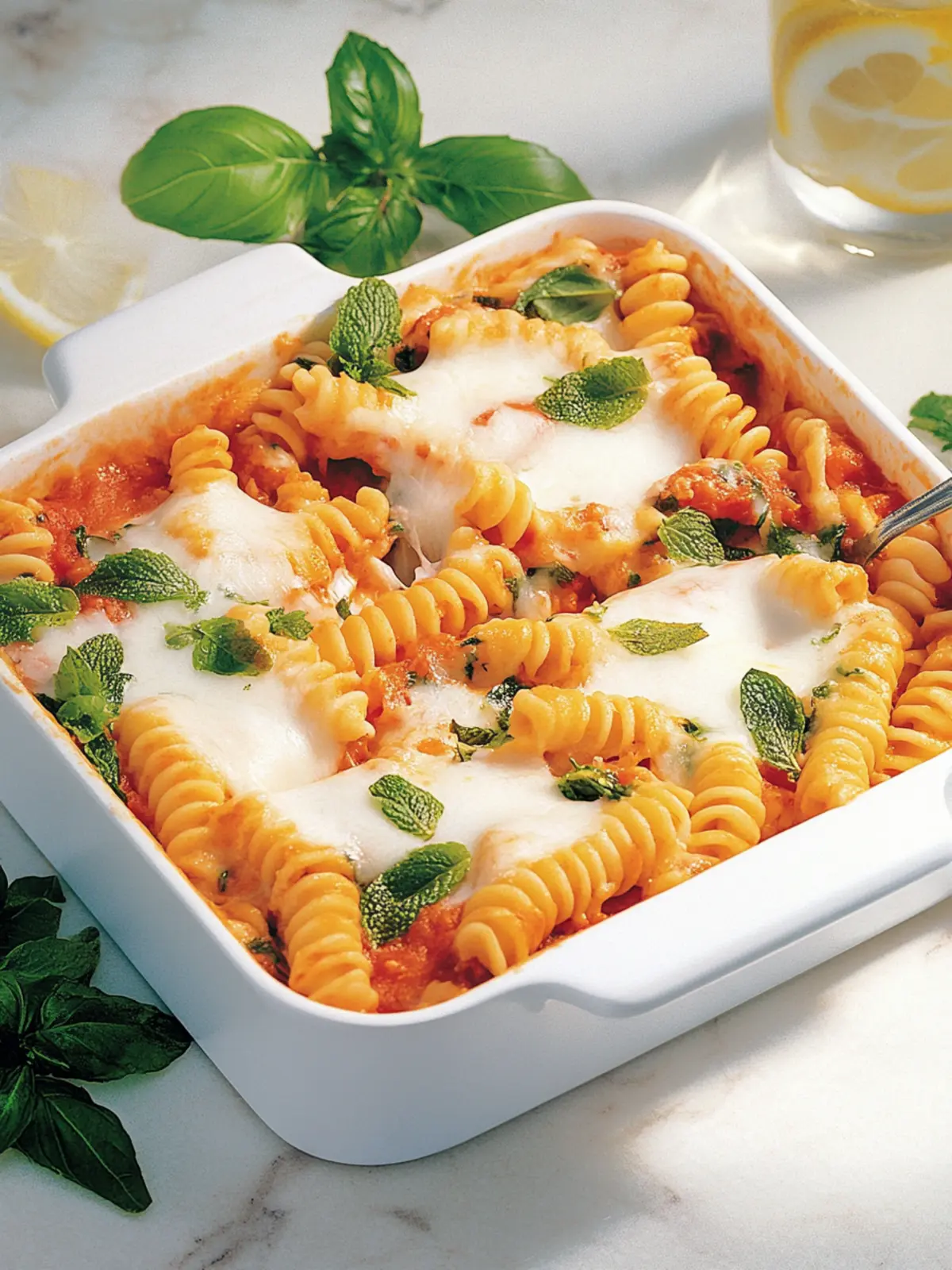 Nudelauflauf Tomate-Mozzarella mit Spinat