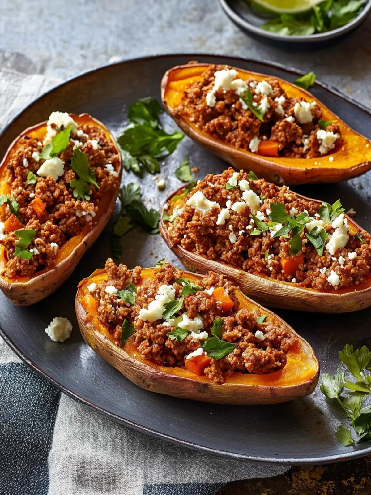 Stuffed sweet potatoes with veal mince and feta
