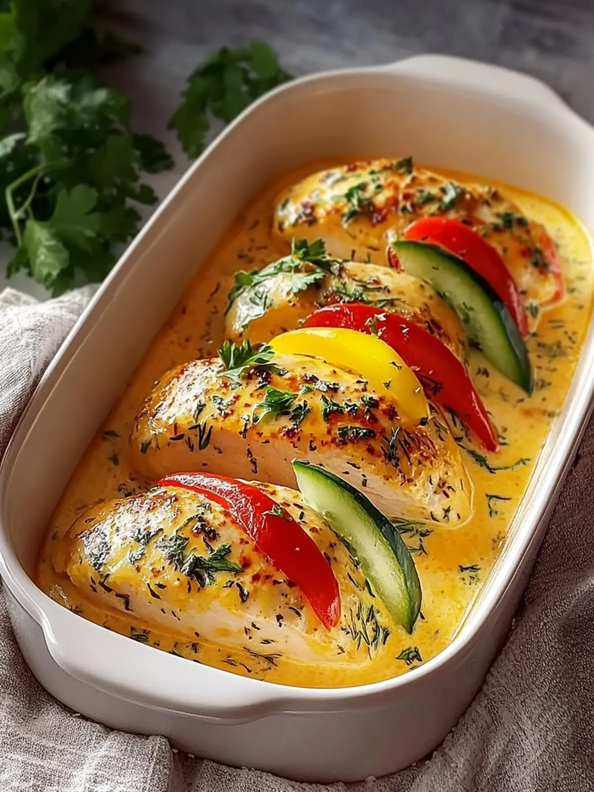 Chicken breast in cream cheese sauce with bell peppers and zucchini from the oven