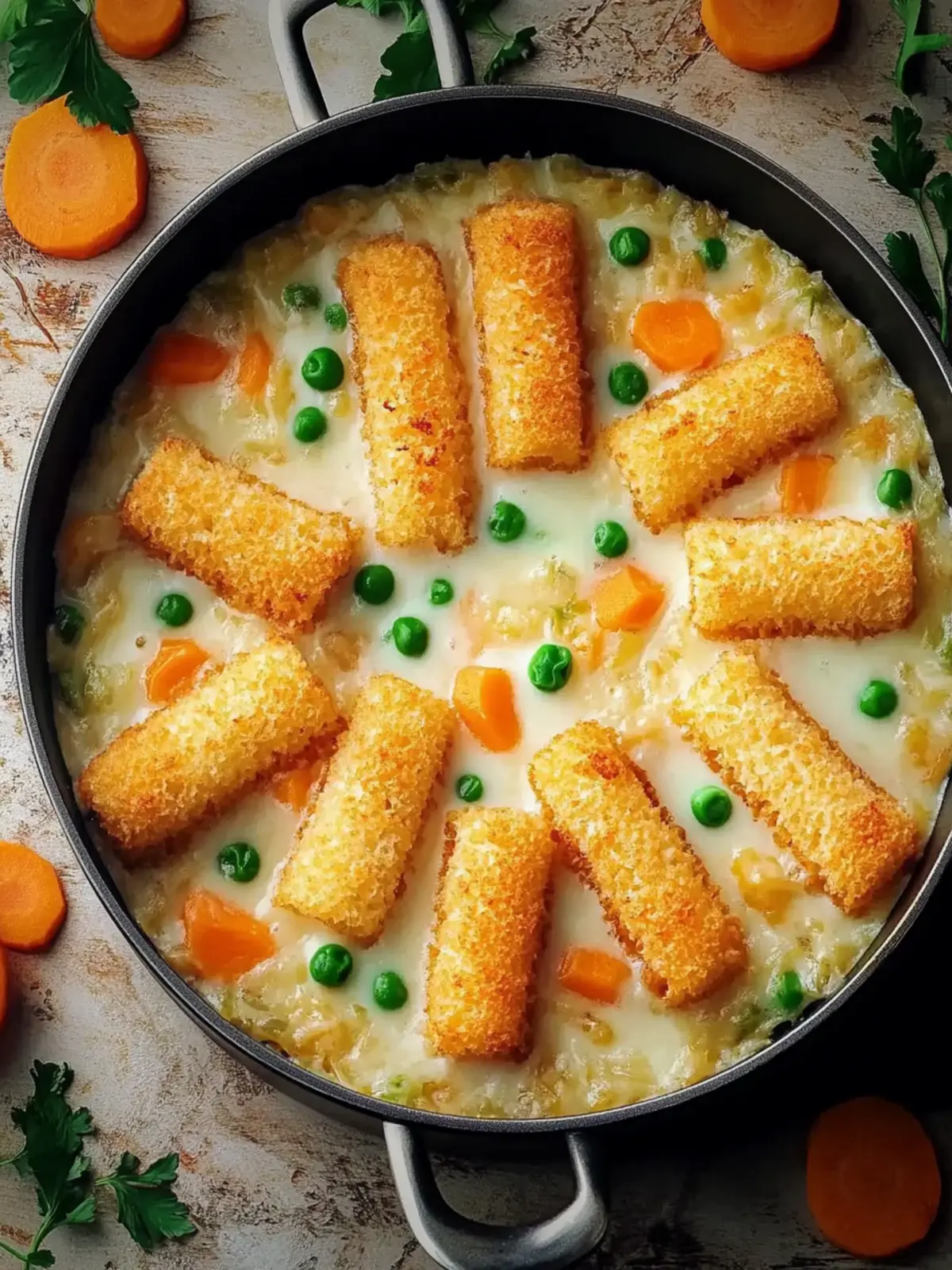 Fischstäbchen-Auflauf mit Reis und Gemüse