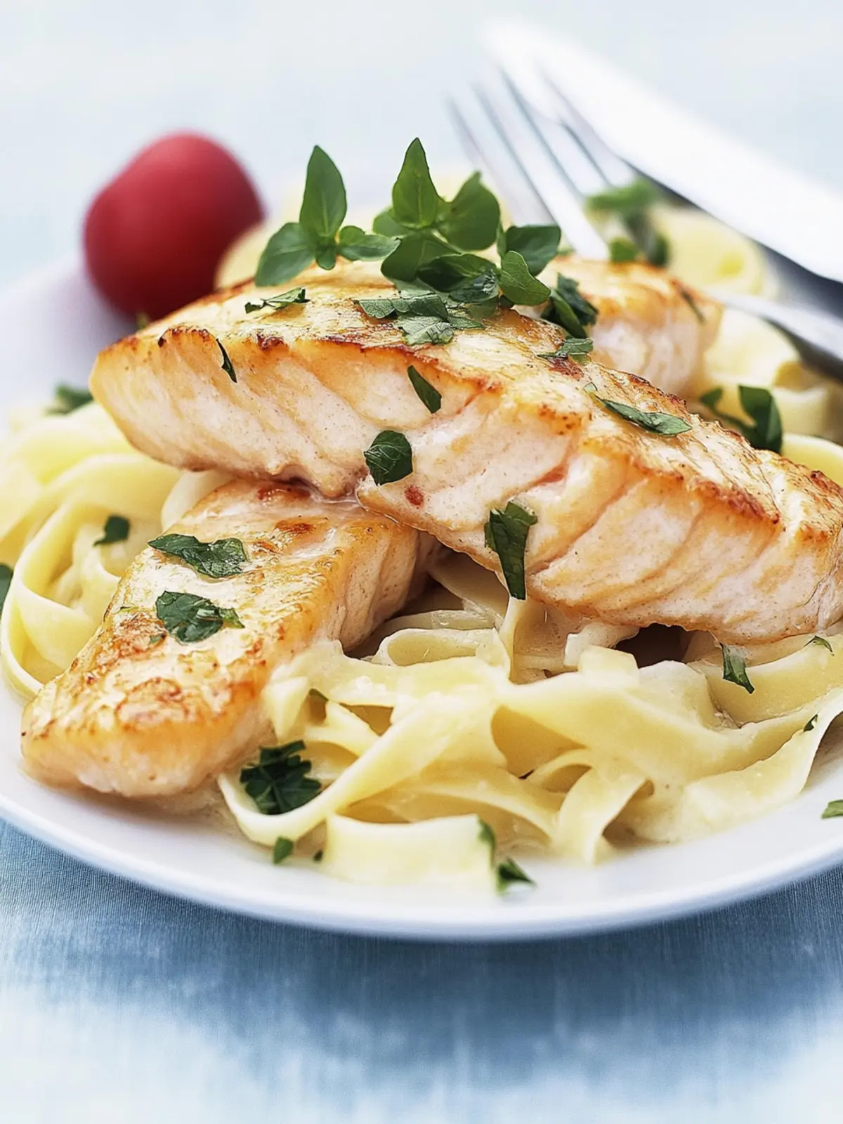 Grilled salmon fillet with wide noodles