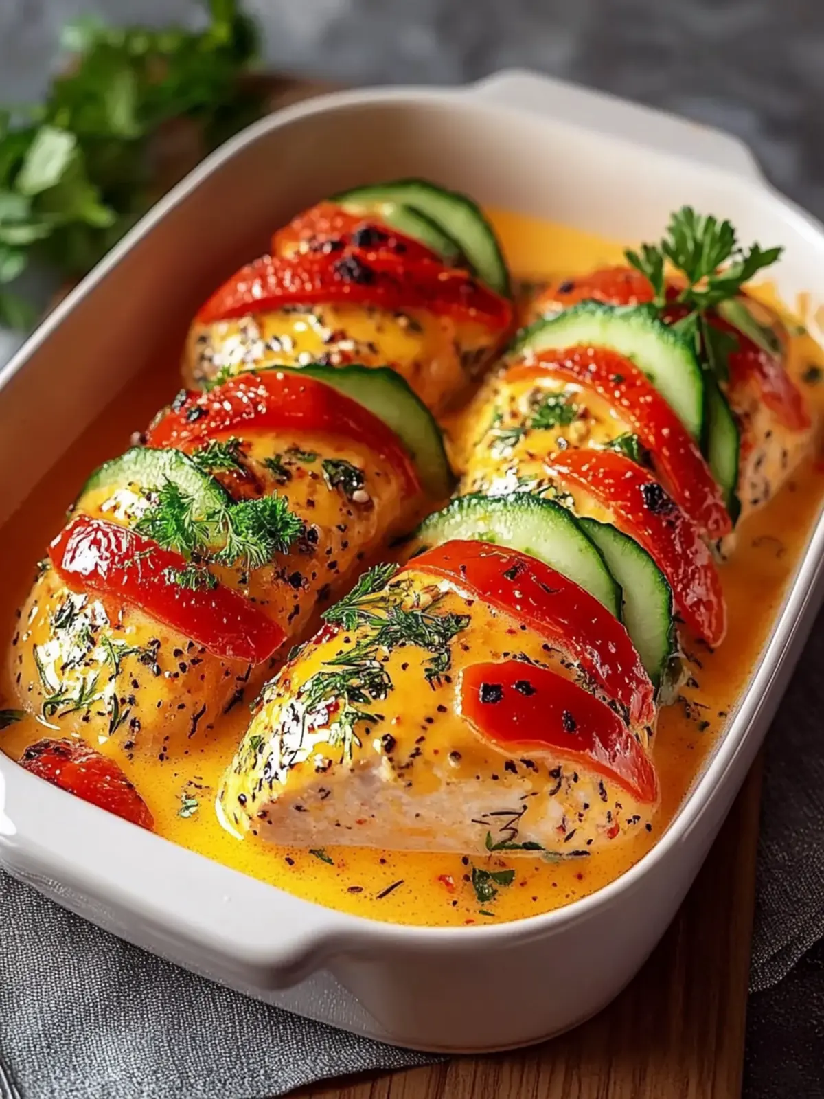 Chicken breast in cream cheese sauce with bell peppers and zucchini from the oven