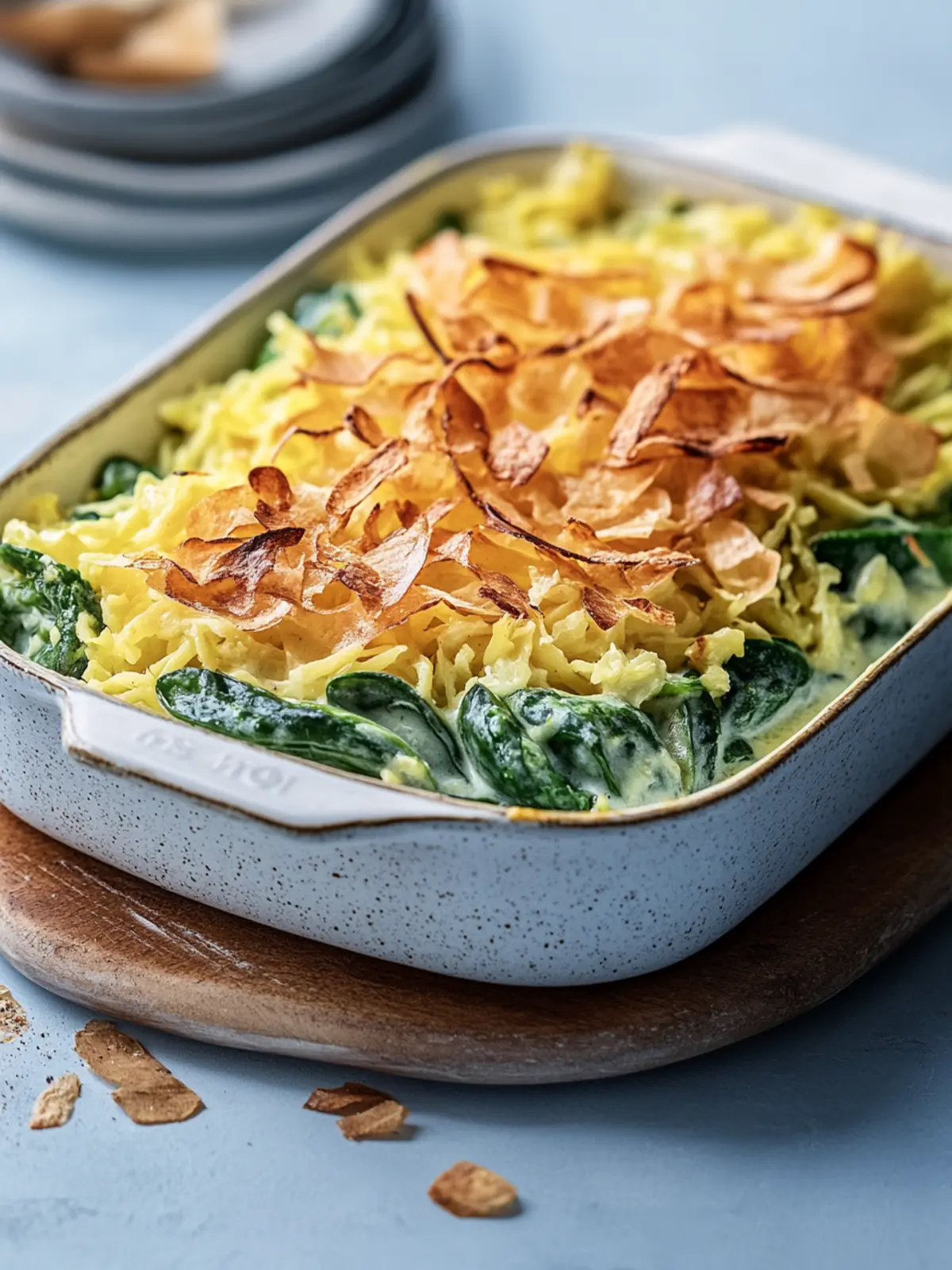 Spinach noodles casserole with fried onions
