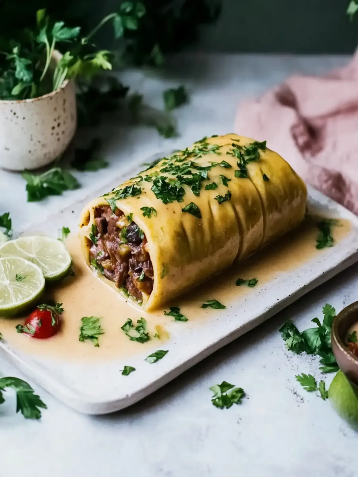Vegan potato roll with mushroom-nut filling and cream sauce