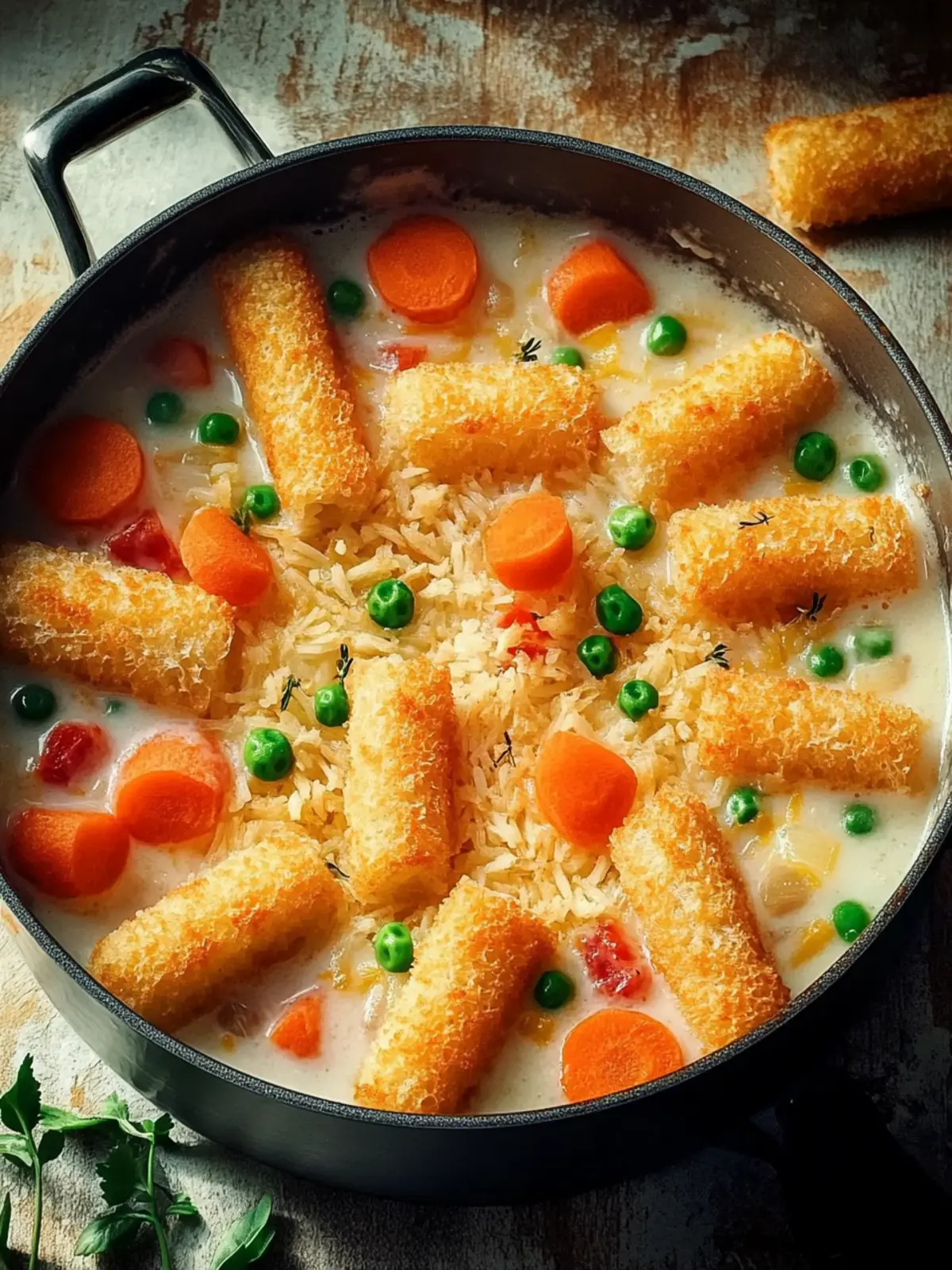 Fischstäbchen-Auflauf mit Reis und Gemüse