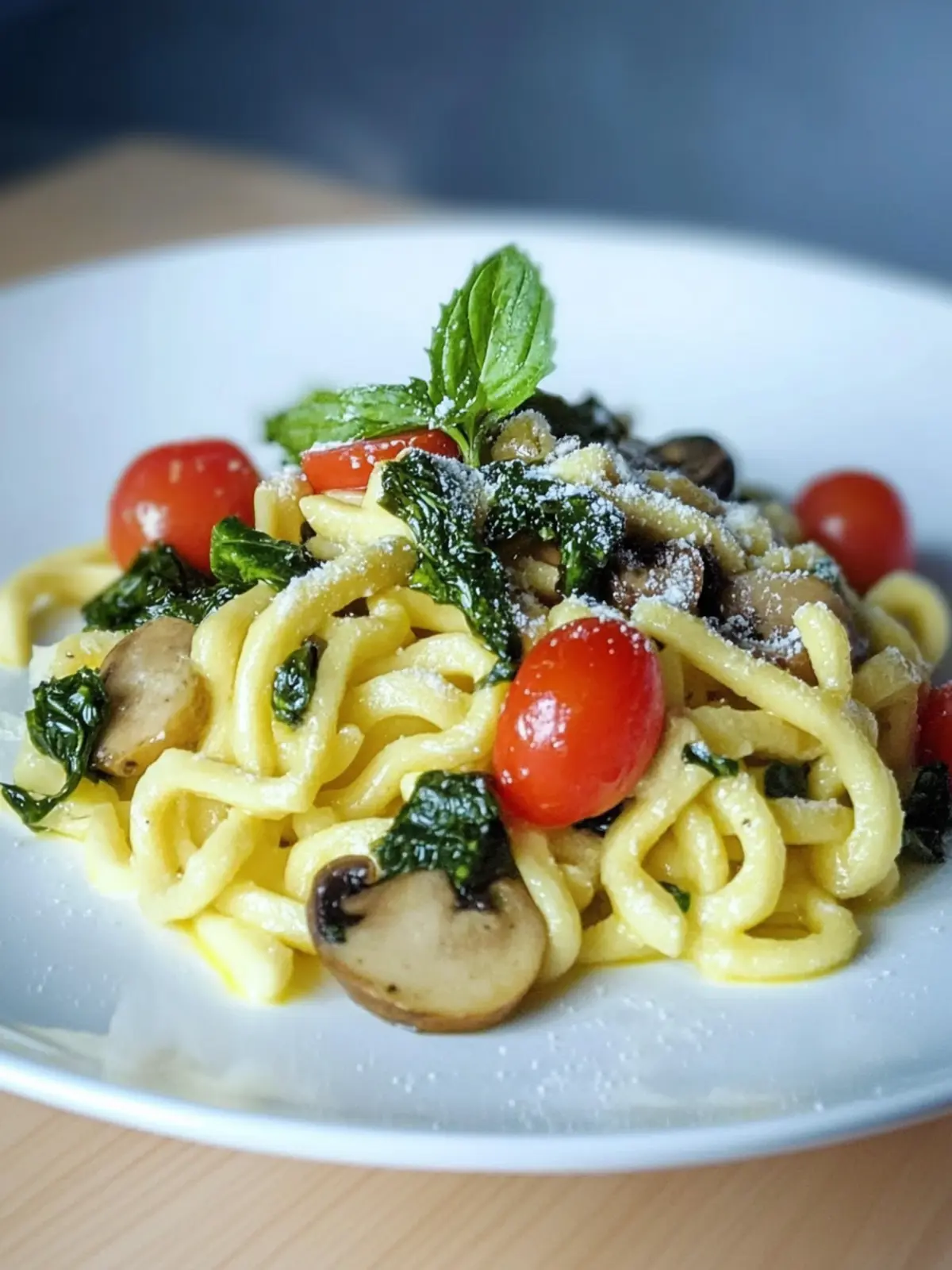 Spätzlepfanne mit Spinat und Champignons