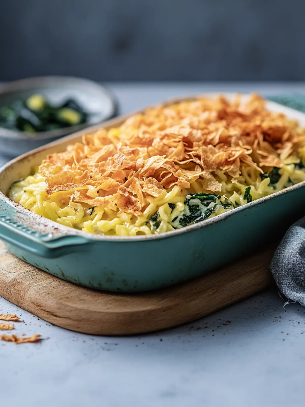 Spinach noodles casserole with fried onions