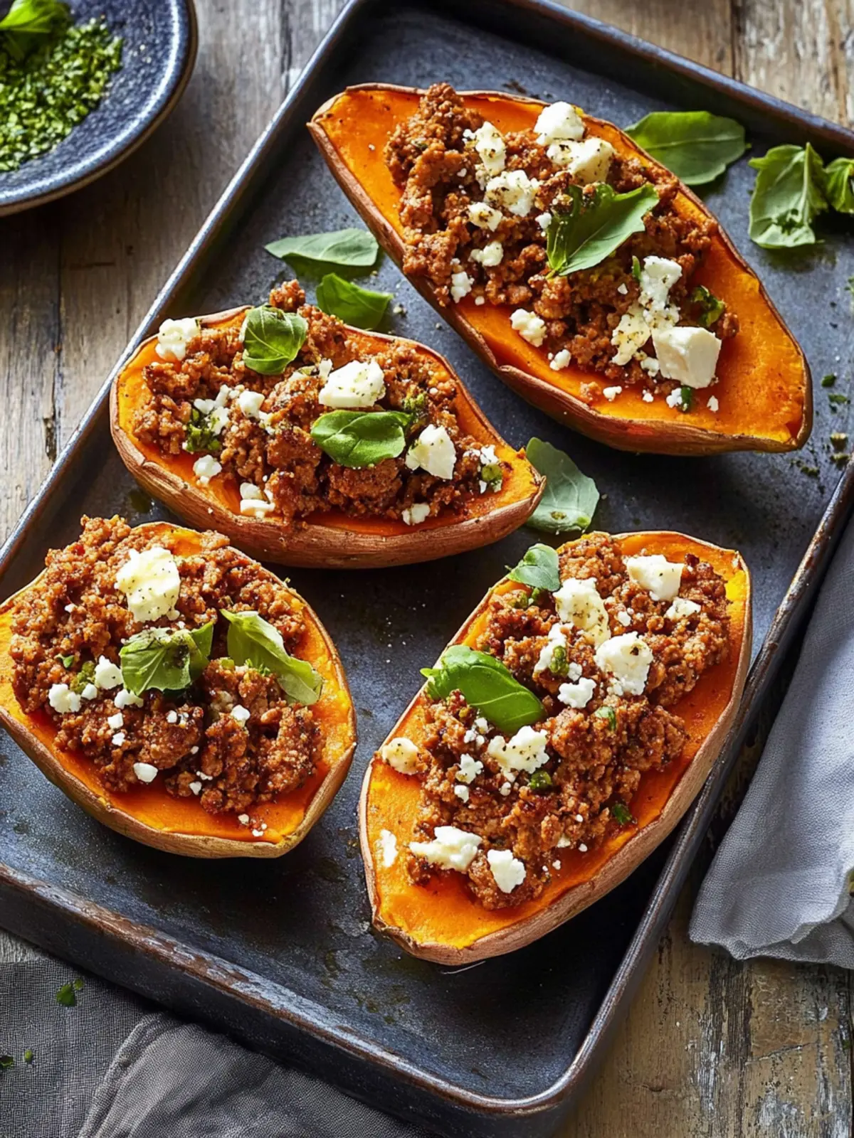 Stuffed sweet potatoes with veal mince and feta