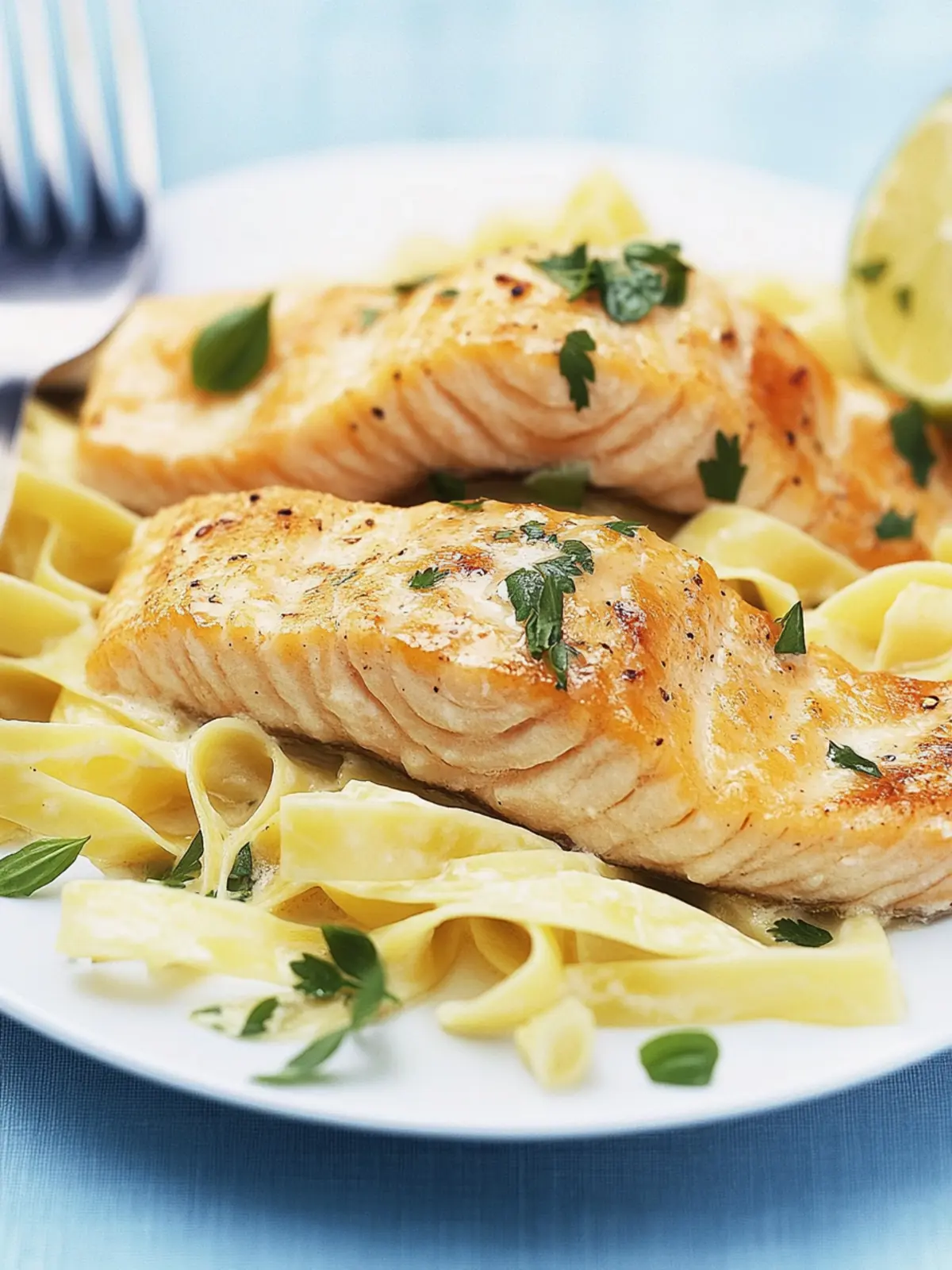 Grilled salmon fillet with wide noodles