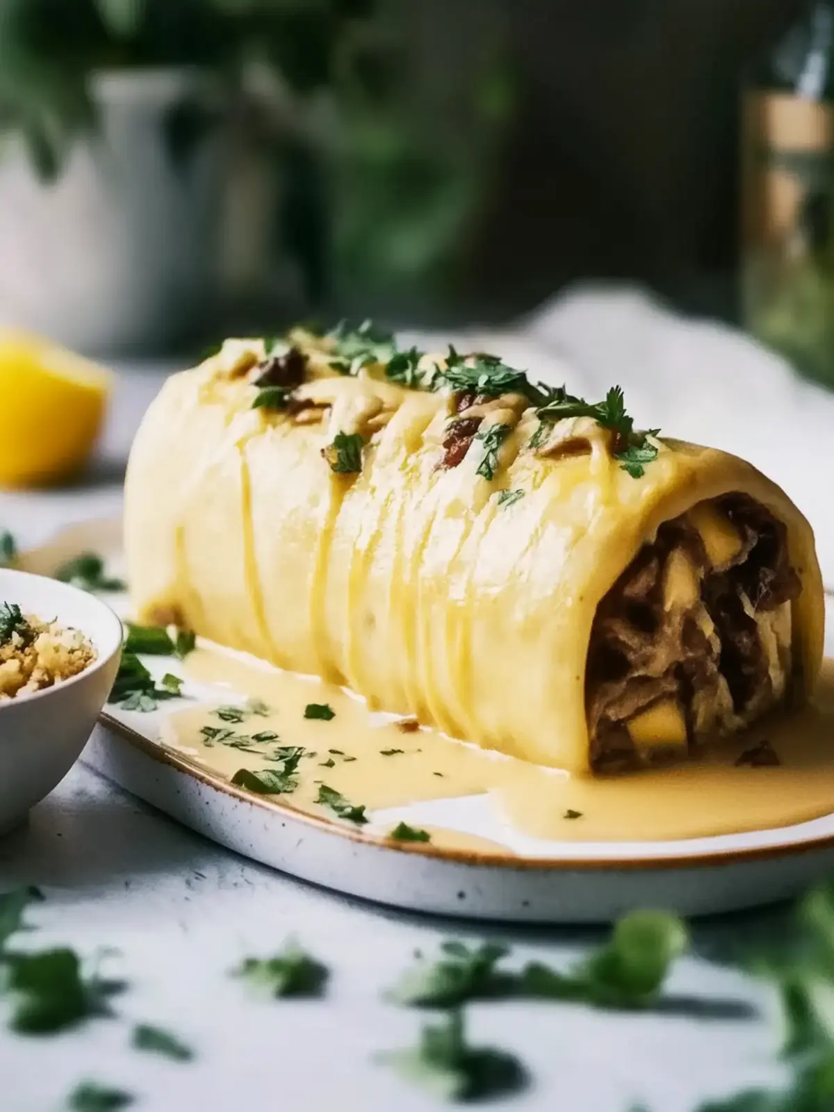 Vegan potato roll with mushroom-nut filling and cream sauce