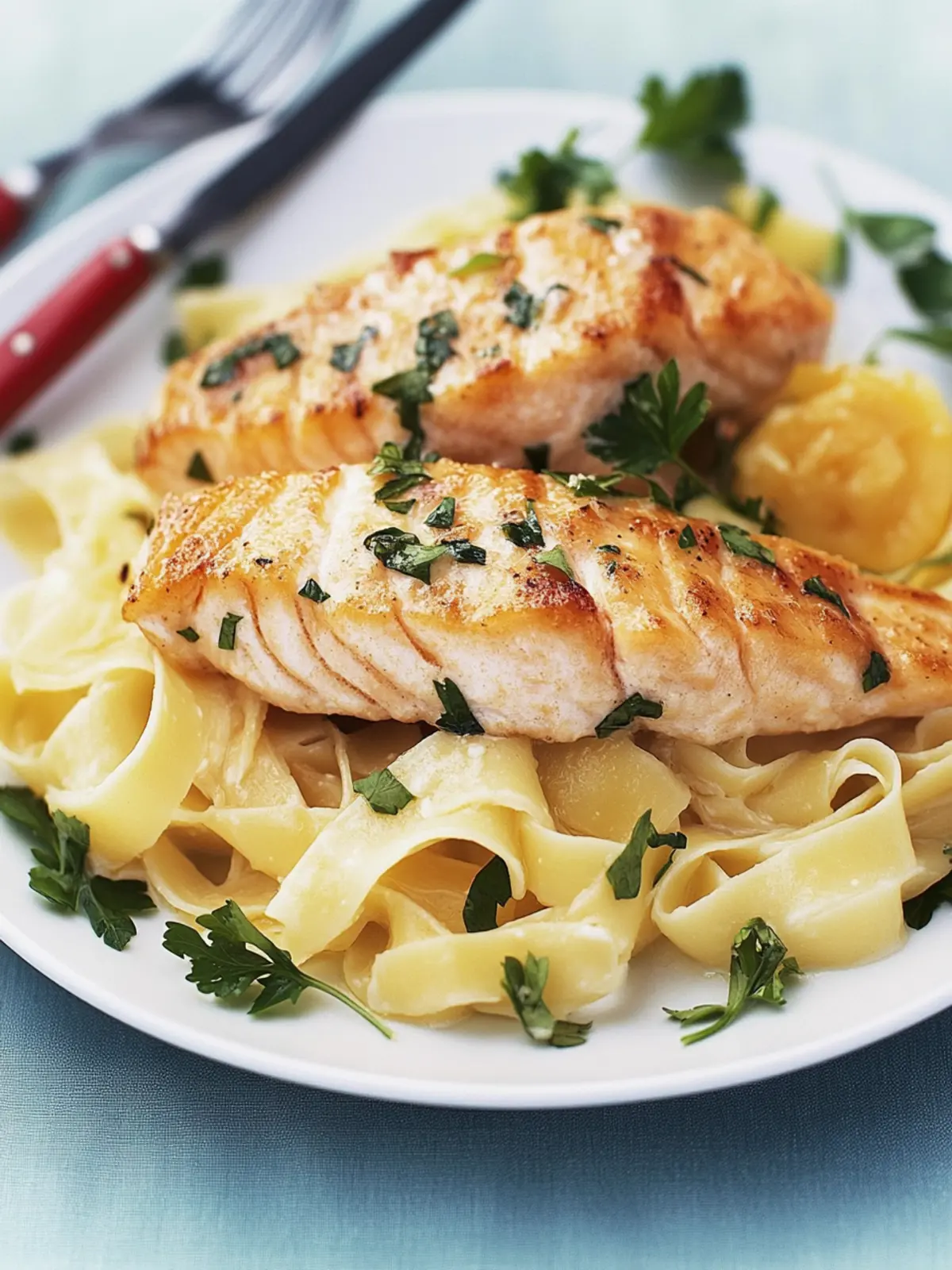 Grilled salmon fillet with wide noodles