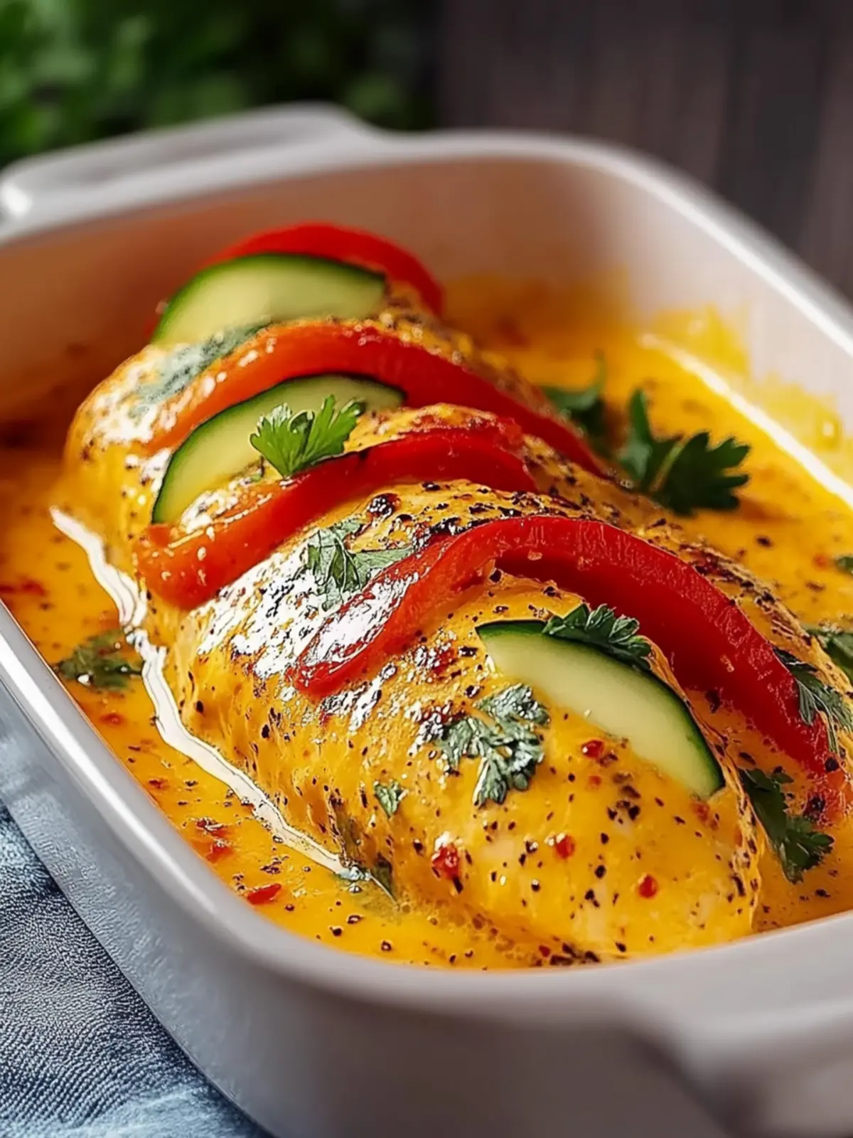 Chicken breast in cream cheese sauce with bell peppers and zucchini from the oven