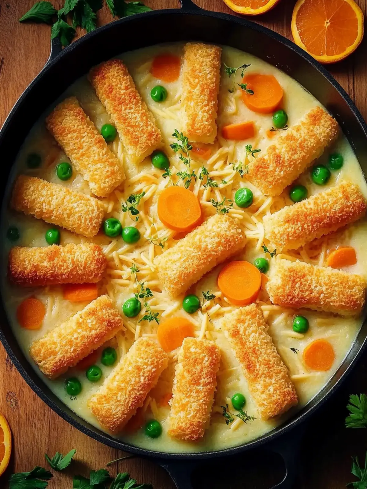 Fischstäbchen-Auflauf mit Reis und Gemüse