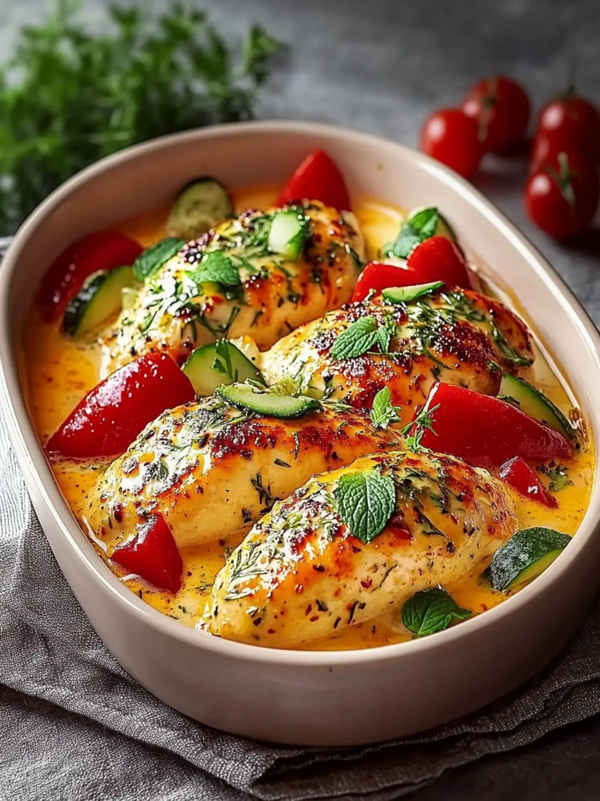 Chicken breast in cream cheese sauce with bell peppers and zucchini from the oven