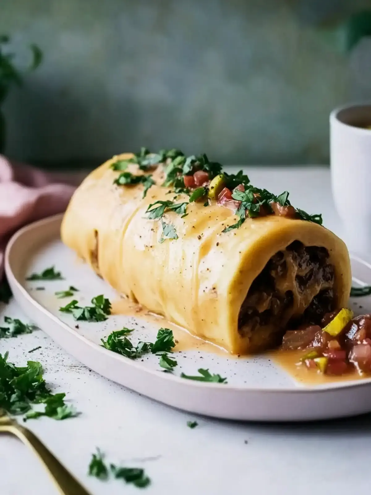 Vegan potato roll with mushroom-nut filling and cream sauce