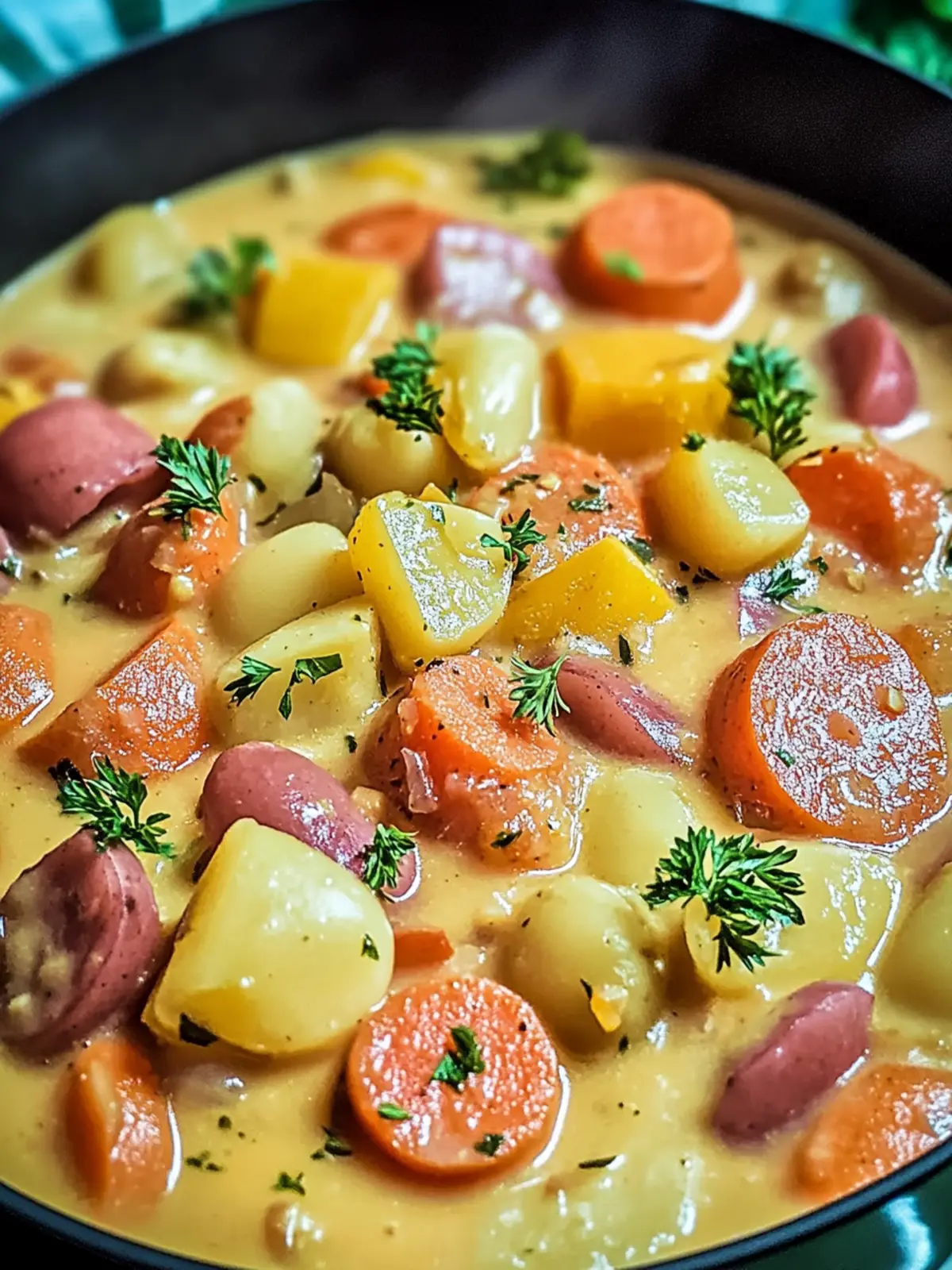 Spicy potato sausage stew – seasoned bread & hearty