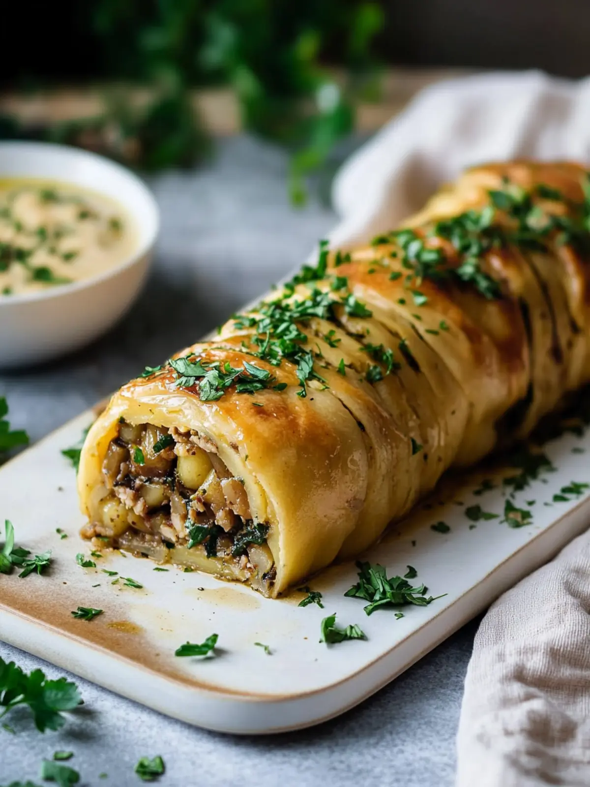 Vegane Kartoffelrolle mit Pilz-Nuss-Füllung und Rahmsoße