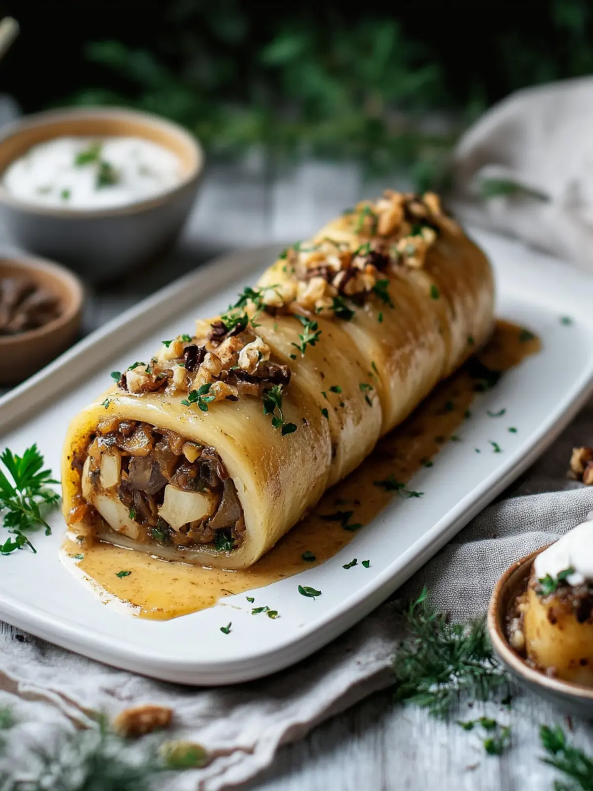 Vegane Kartoffelrolle mit Pilz-Nuss-Füllung und Rahmsoße