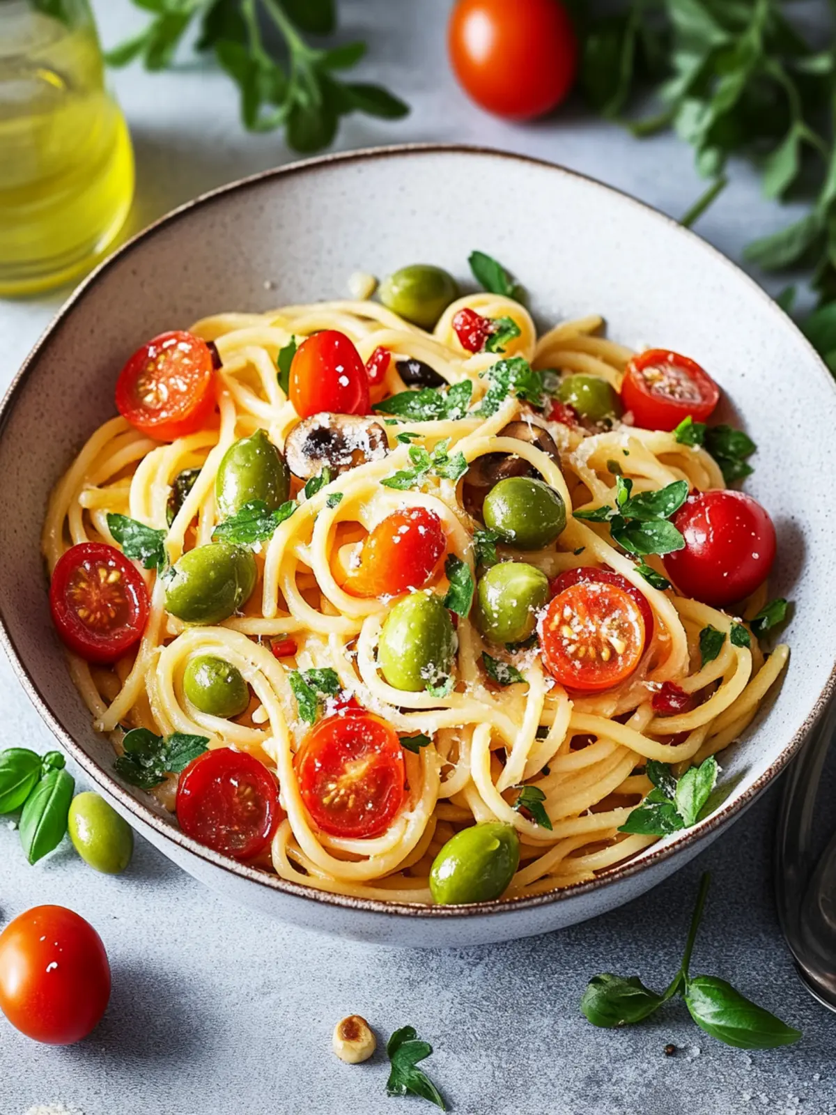 Mittelmeer One-Pot-Pasta mit Kirschtomaten, Erbsen und Oliven