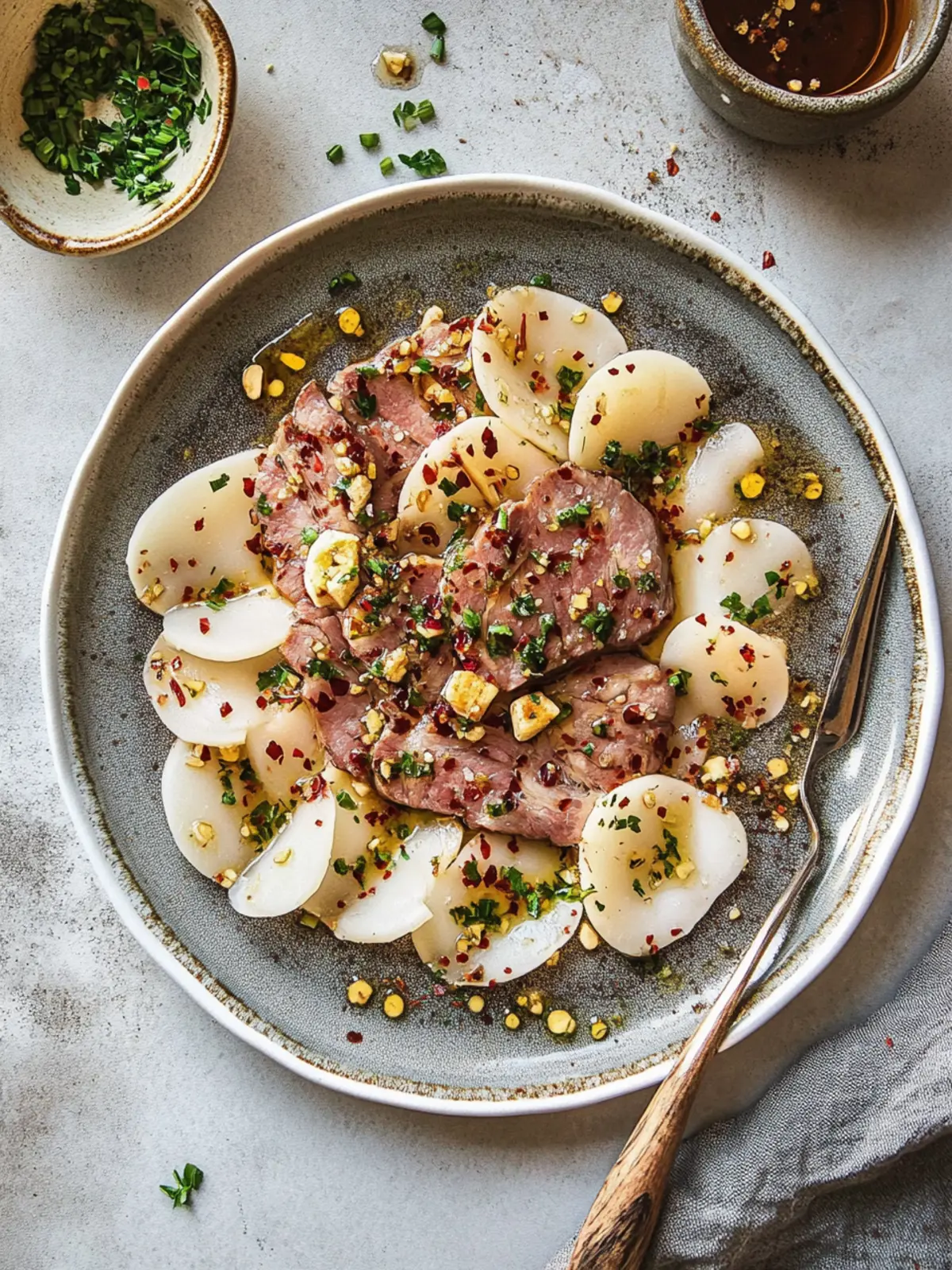 Rindertataki mit Knoblauchchips und Ponzu