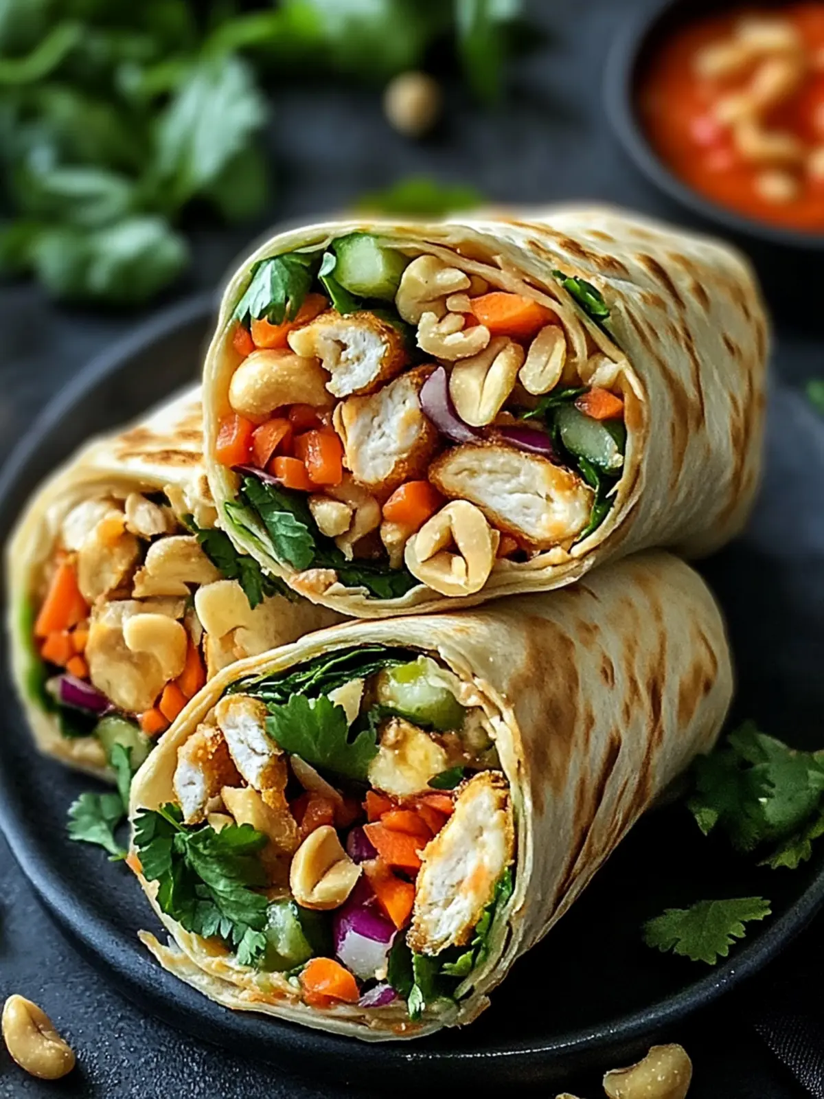 Leckere Thai Erdnuss Hähnchen Wraps
