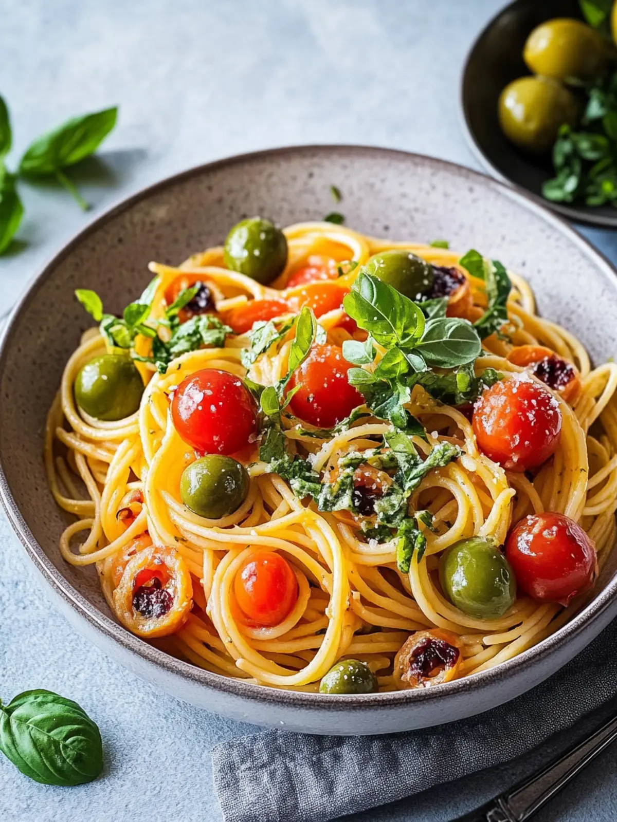 Mittelmeer One-Pot-Pasta mit Kirschtomaten, Erbsen und Oliven