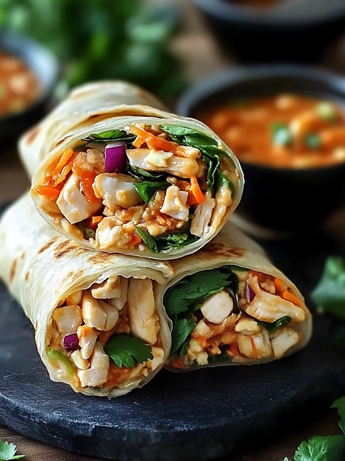 Leckere Thai Erdnuss Hähnchen Wraps