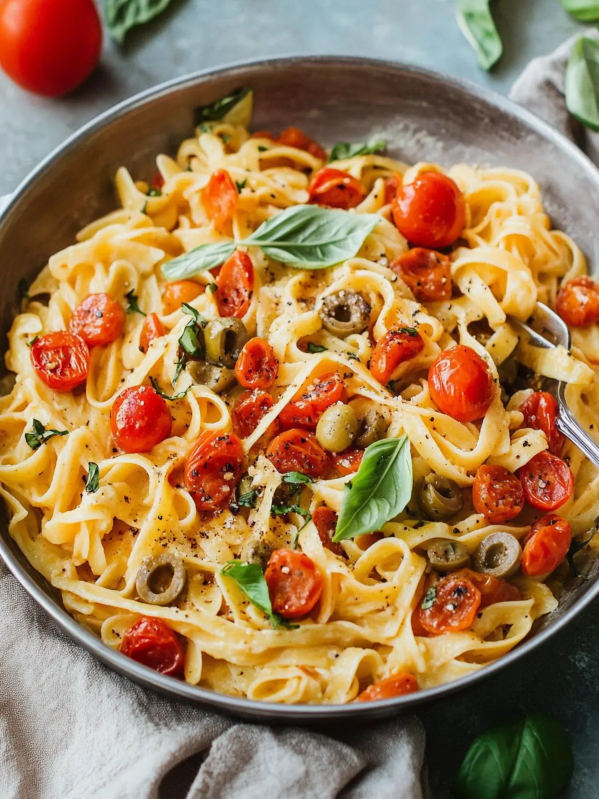 Cremige Hummus-Pasta mit Tomaten und Oliven + meine neue OLAV Pfanne