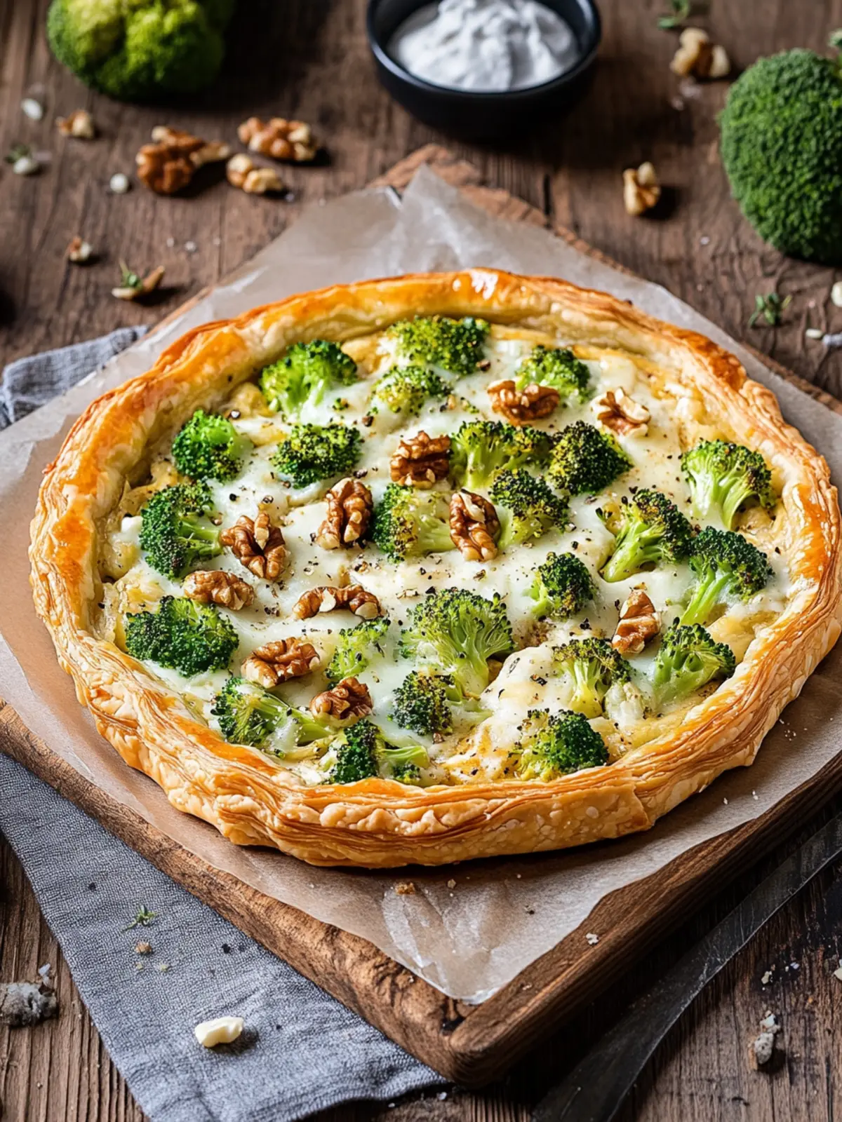 Hearty spicy puff pastry tart with broccoli, cheese & walnuts