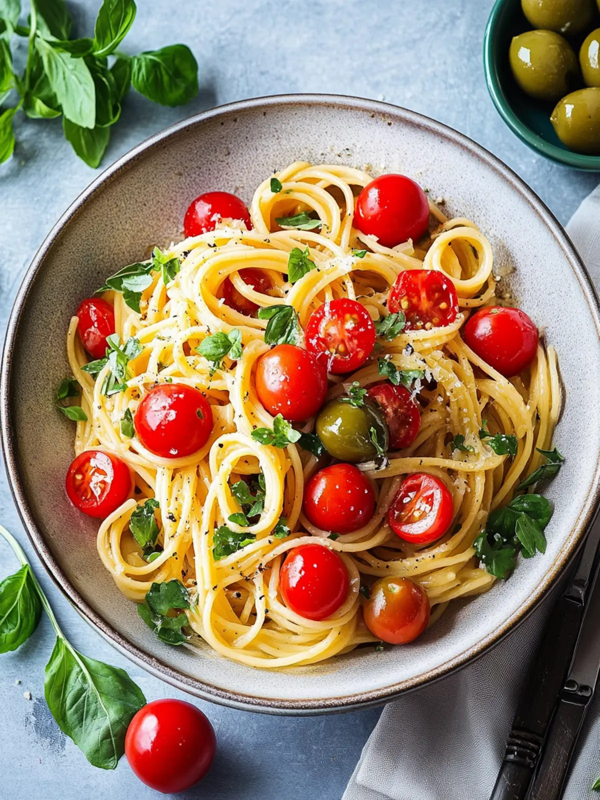 Mittelmeer One-Pot-Pasta mit Kirschtomaten, Erbsen und Oliven