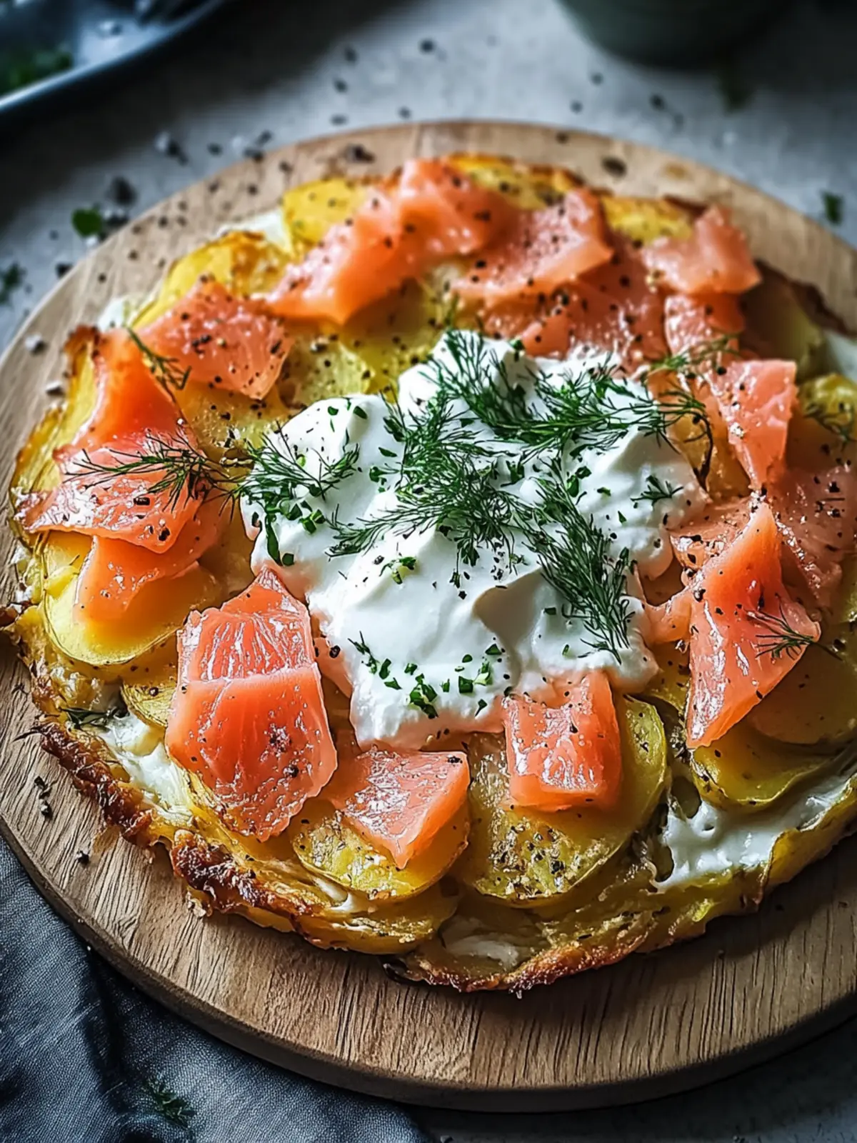 Knusprige Kartoffelgalette mit Räucherlachs und Crème Fraîche